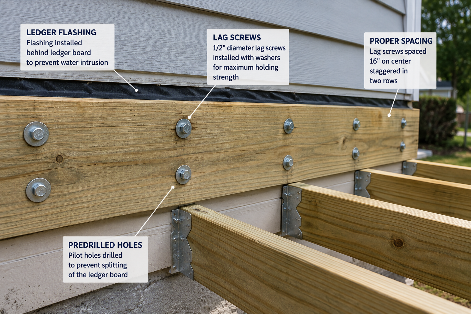 Deck ledger board secured with lag screws and washers, showing flashing, proper spacing, and predrilled holes