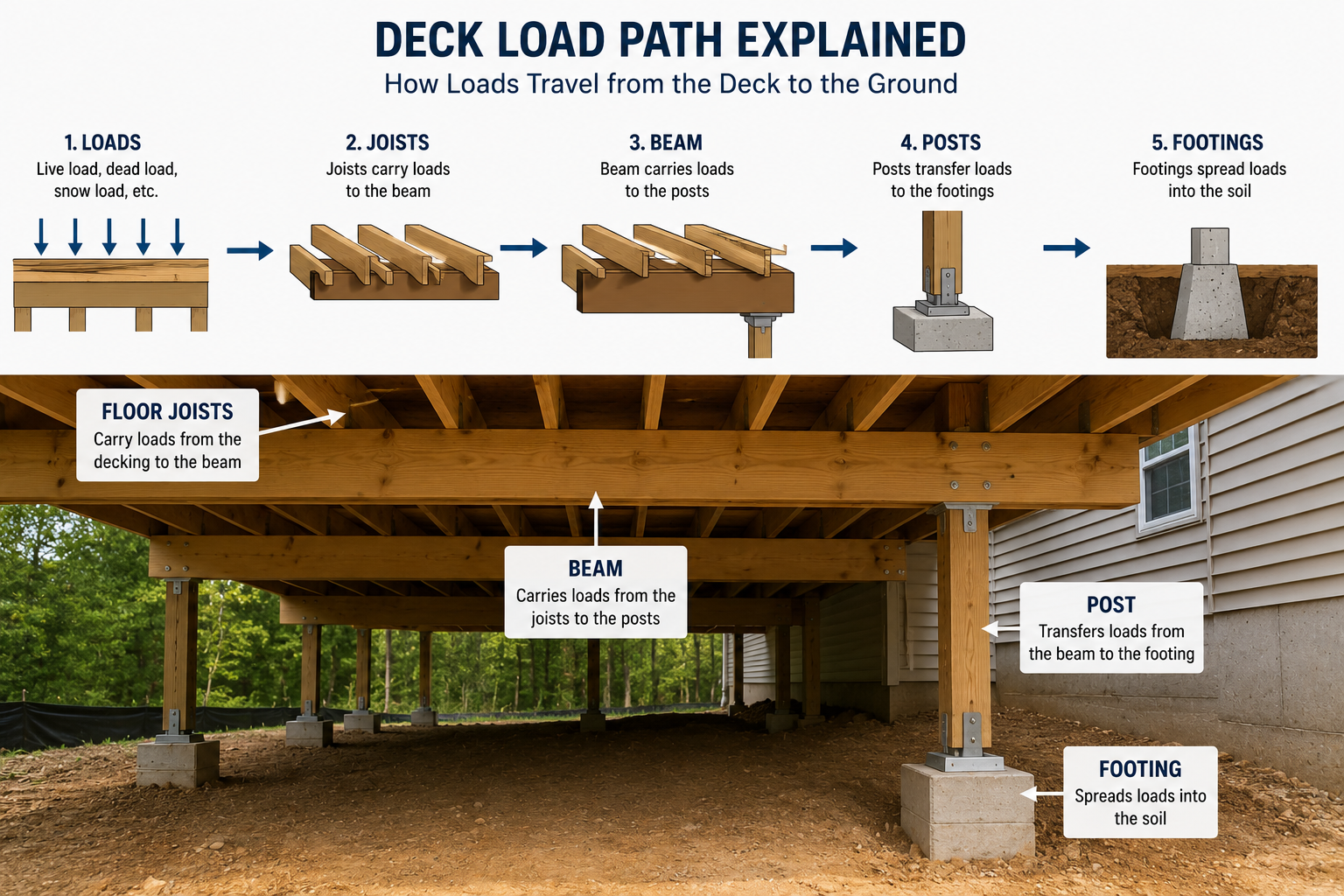 Deck load path diagram showing how live and dead loads transfer from the decking through floor joists, beams, posts, and concrete footings into the soil, with labeled structural components and a real deck framing example.