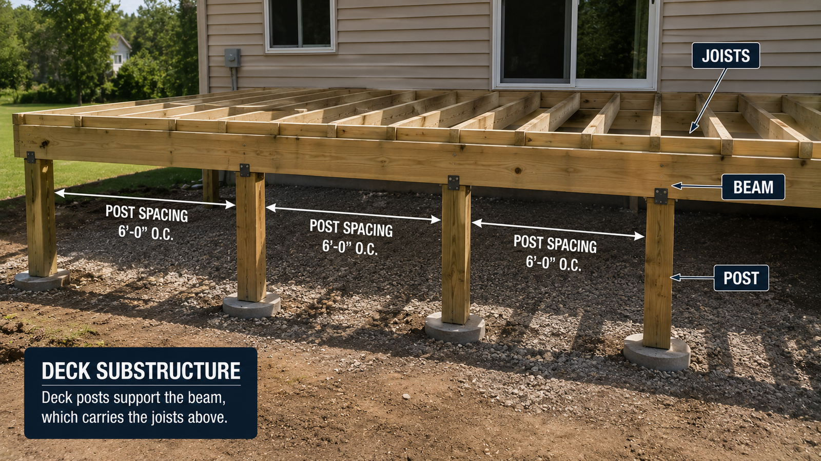 Deck substructure showing 6-foot on-center post spacing supporting a beam and floor joists.