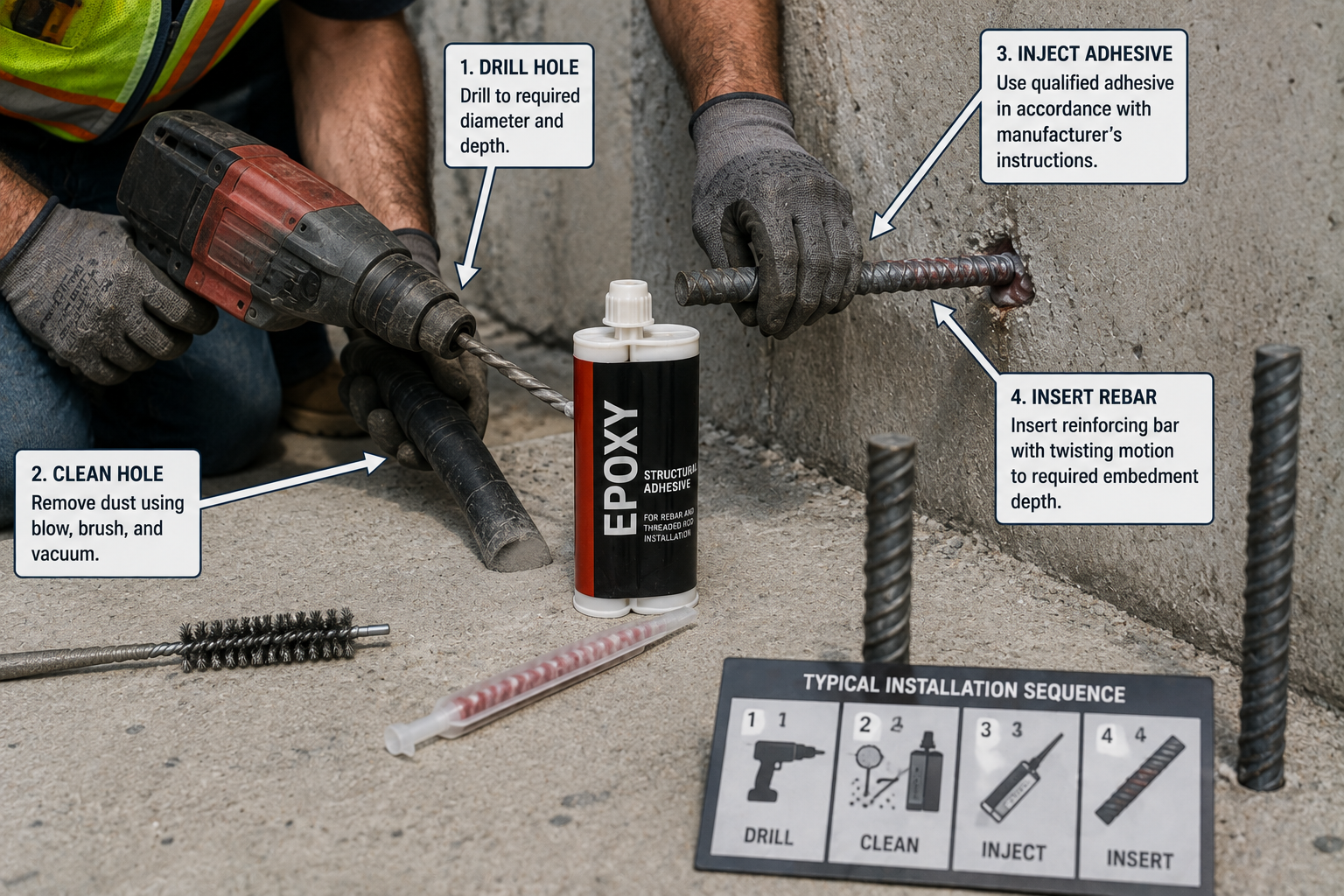 Four-step epoxy rebar installation process showing drilling, hole cleaning, adhesive injection, and rebar insertion into existing concrete.