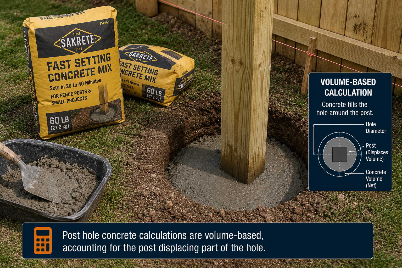 Fence post set in concrete showing volume-based post hole calculation and concrete displaced by the wood post.