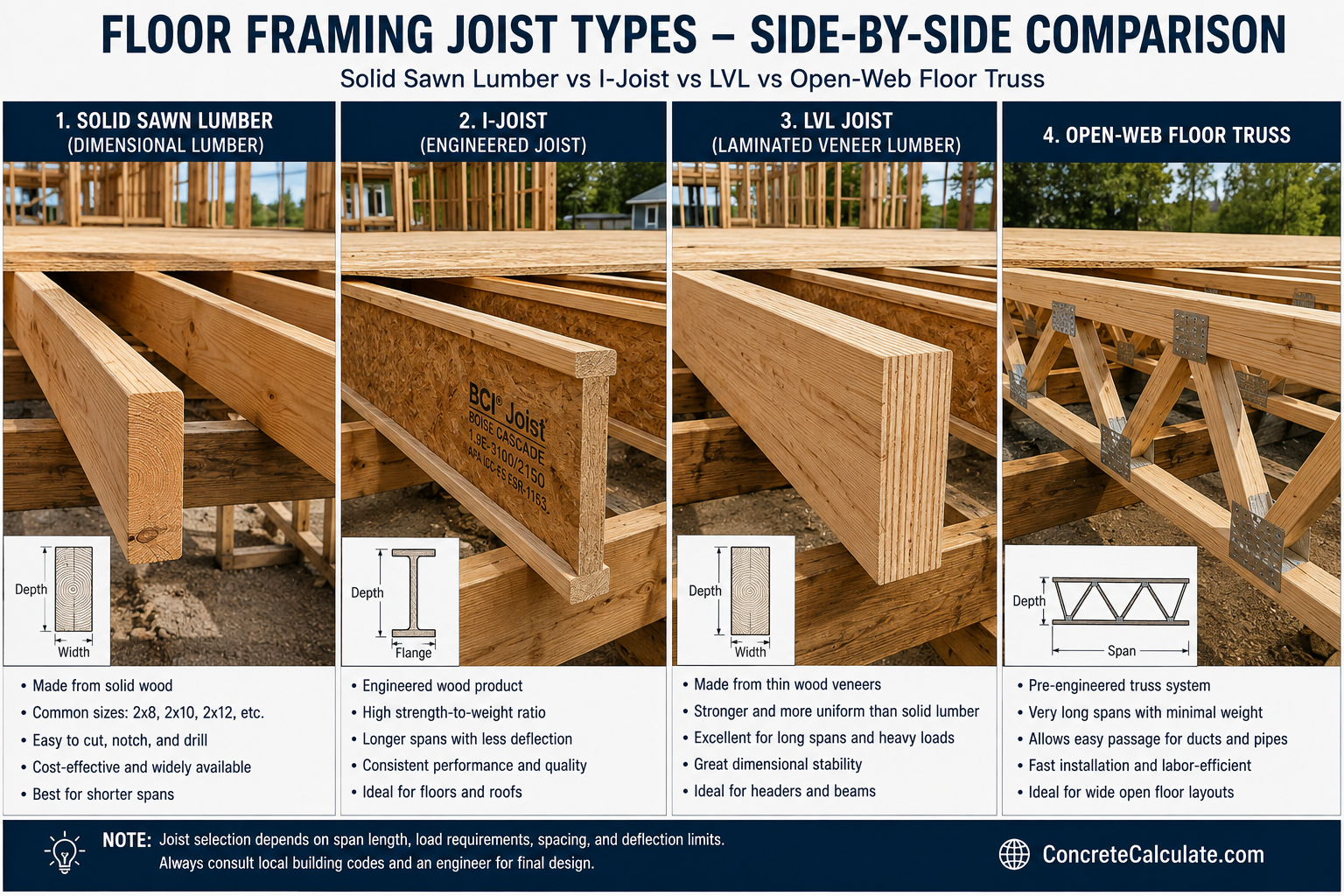 Infographic comparing four common floor framing joist types used in residential and commercial construction: solid sawn lumber, engineered I-joist, LVL (laminated veneer lumber) joist, and open-web floor truss. The guide highlights each joist's structure, advantages, span capability, strength, dimensional stability, and typical applications, with cross-sectional diagrams and installation features for floor framing.