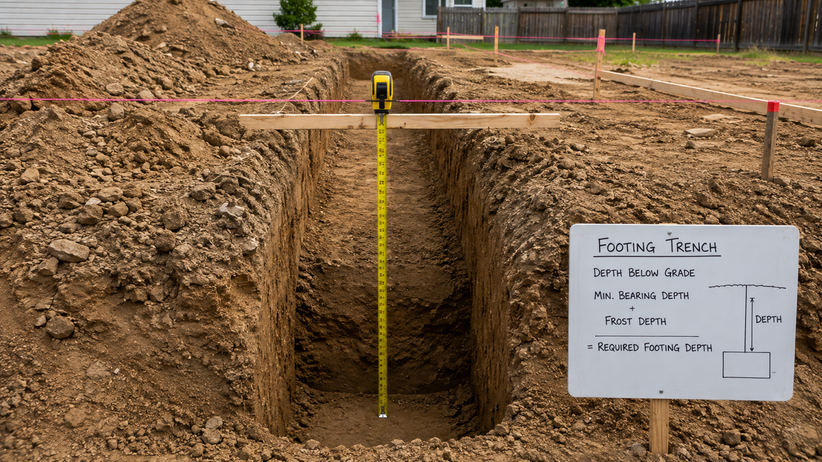Deep footing trench with measuring tape showing excavation depth for a building foundation