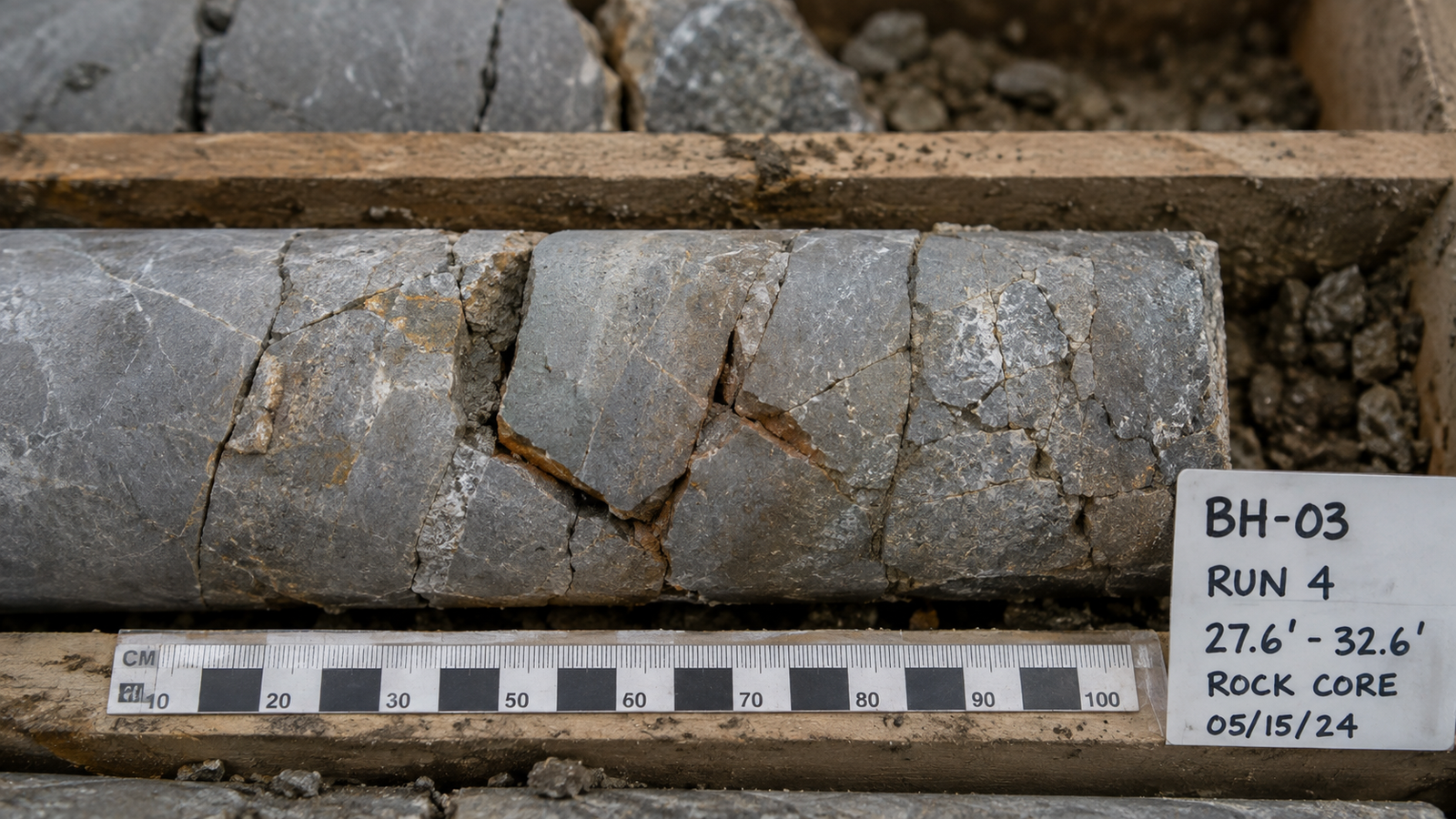 Fractured rock core sample from borehole BH-03 showing cracks and broken sections