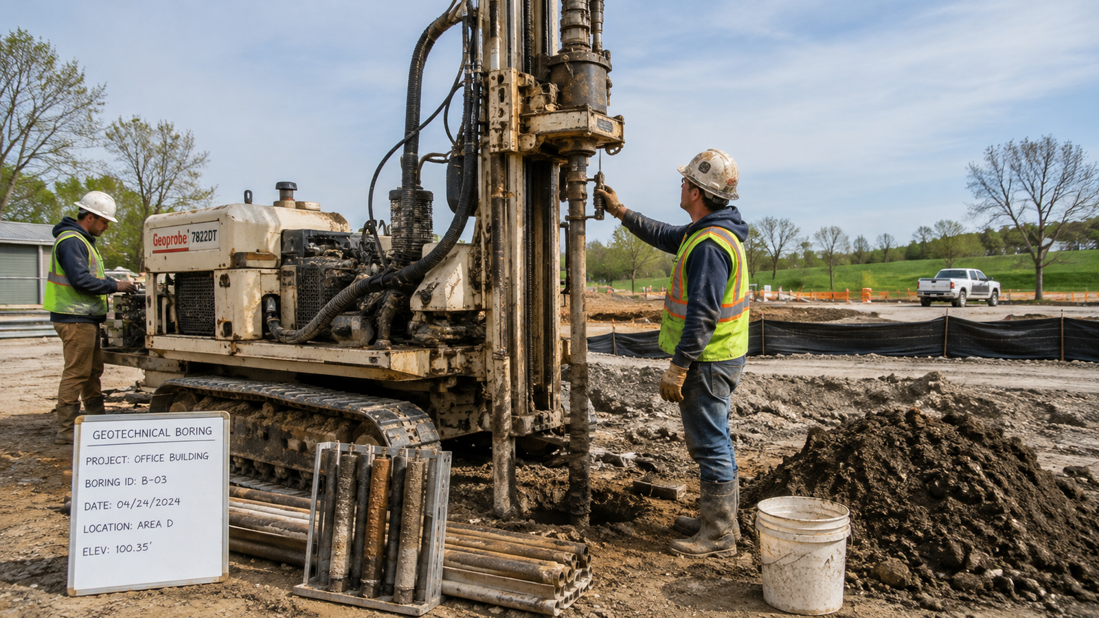 Geotechnical drilling rig performing a soil boring investigation at a construction site