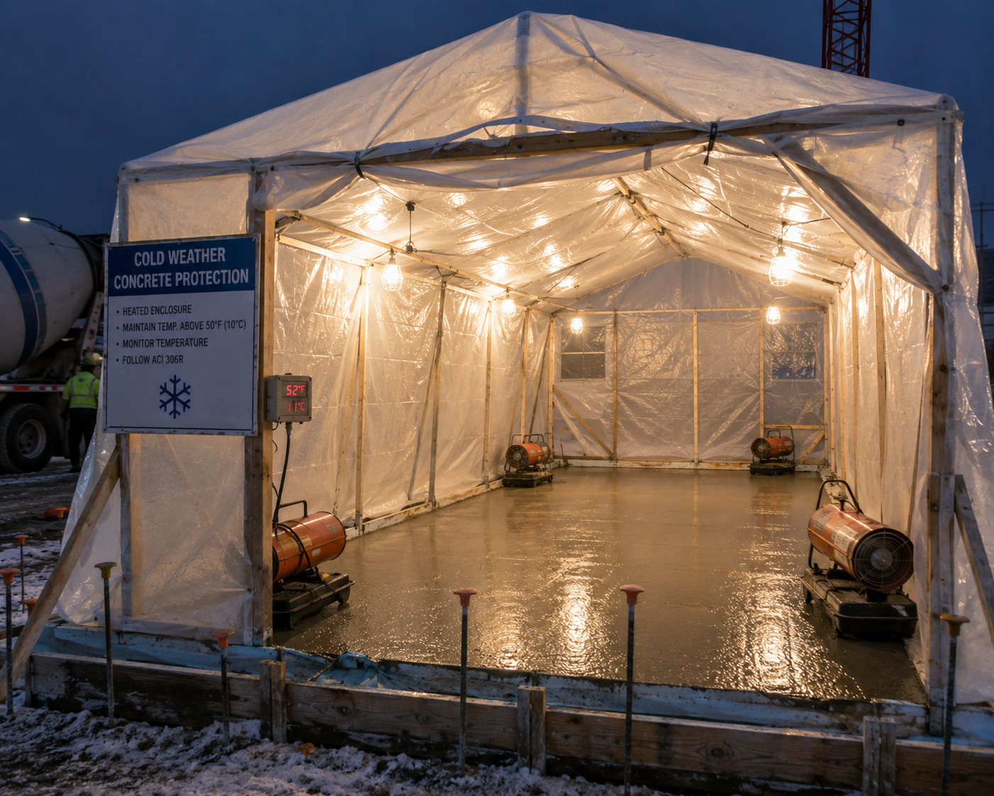 Heated enclosure protecting a freshly poured concrete slab during cold weather curing