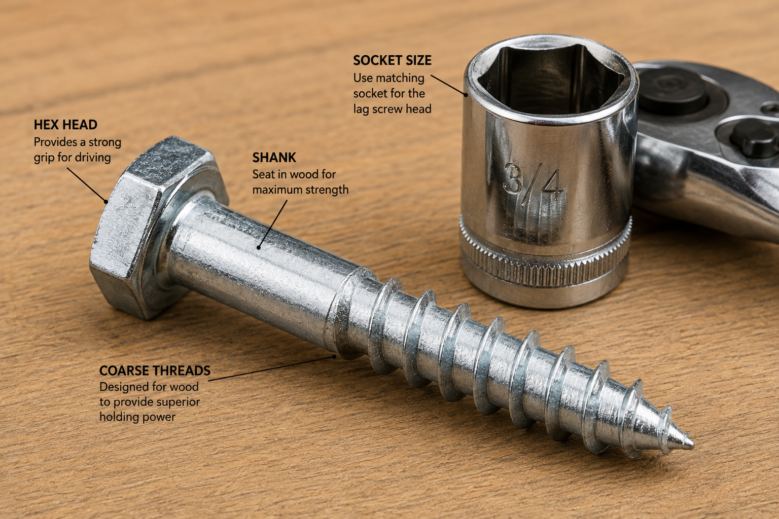 Hex-head lag screw with coarse wood threads, shank, and matching 3/4-inch socket