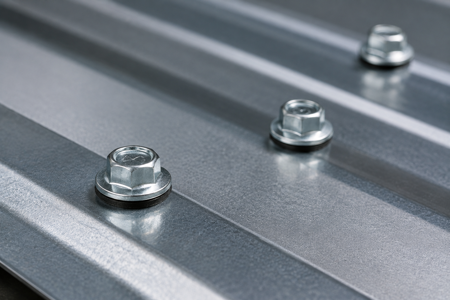 Hex-head self-drilling screws with sealing washers installed on a metal roofing panel