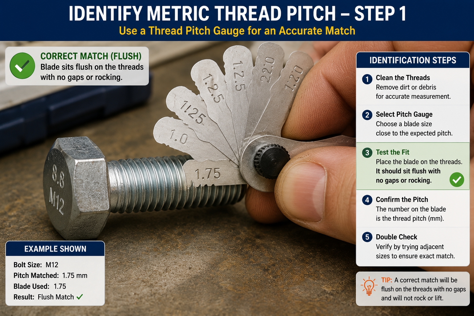 Step-by-step guide showing how to identify metric thread pitch using a thread pitch gauge, with an M12 bolt and 1.75 mm pitch example