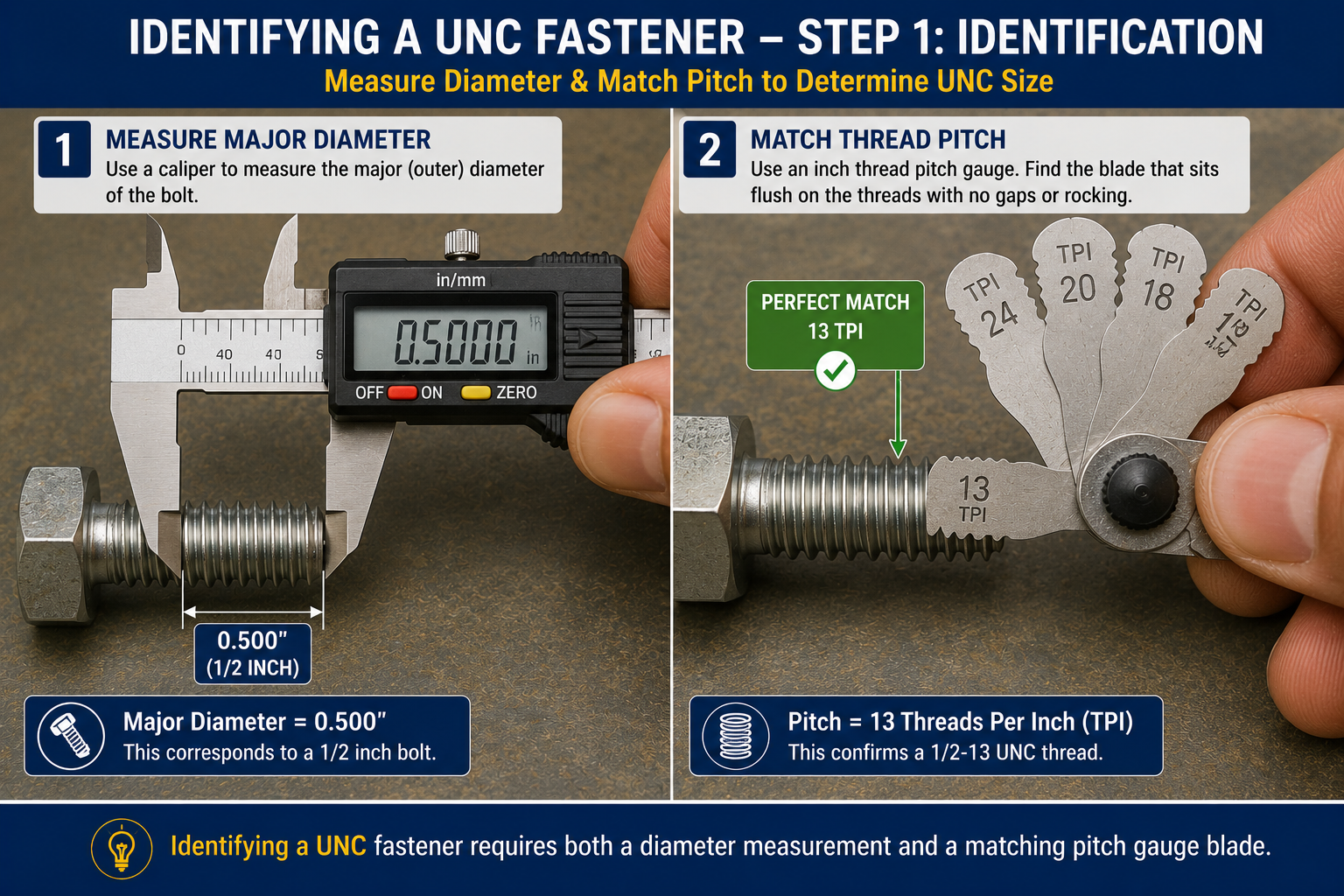 Step-by-step guide to identifying a UNC fastener by measuring the major diameter with a caliper and matching the thread pitch with a thread gauge, showing a 1/2-13 UNC bolt example.