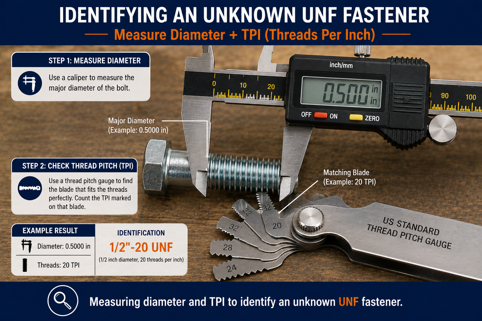 Step-by-step guide to identifying an unknown UNF fastener by measuring its major diameter with a digital caliper and matching thread pitch with a TPI gauge, showing a 1/2-20 UNF example.
