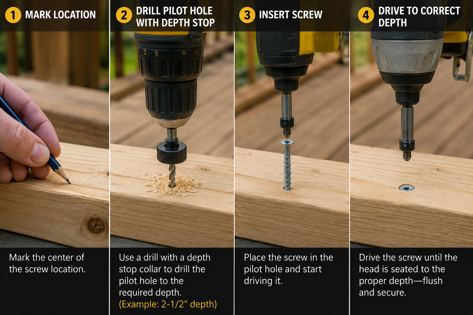 Four-step guide showing how to mark, drill, insert, and drive a screw into wood