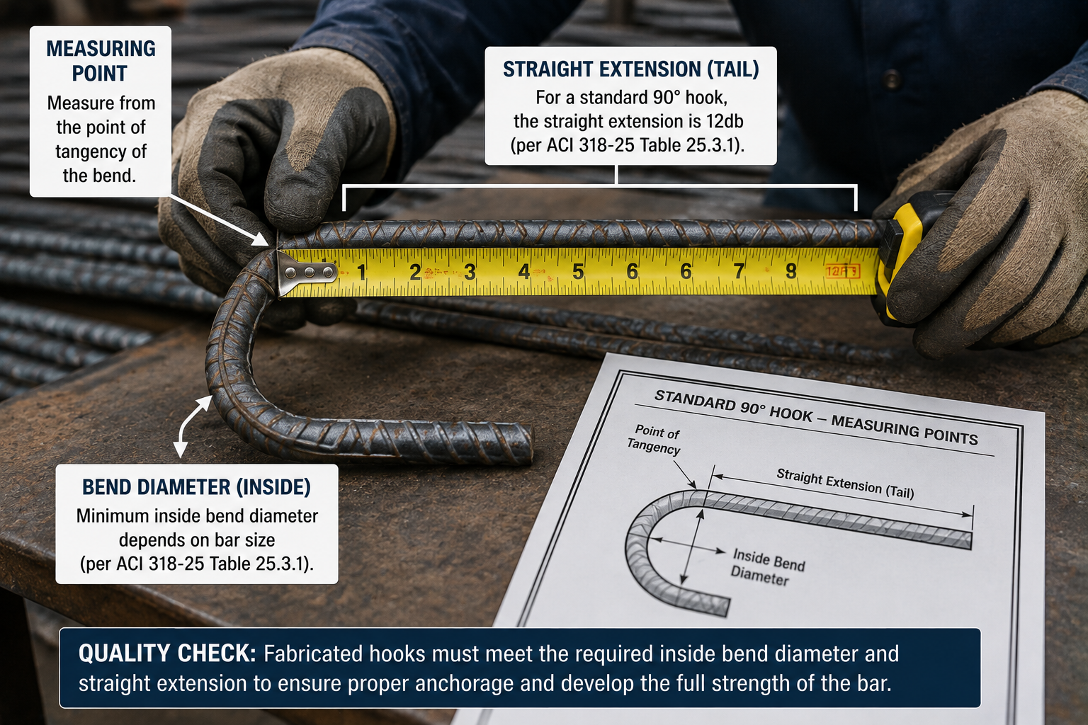 Worker measuring a standard 90-degree rebar hook from the bend tangency point, with the straight extension and inside bend diameter identified.