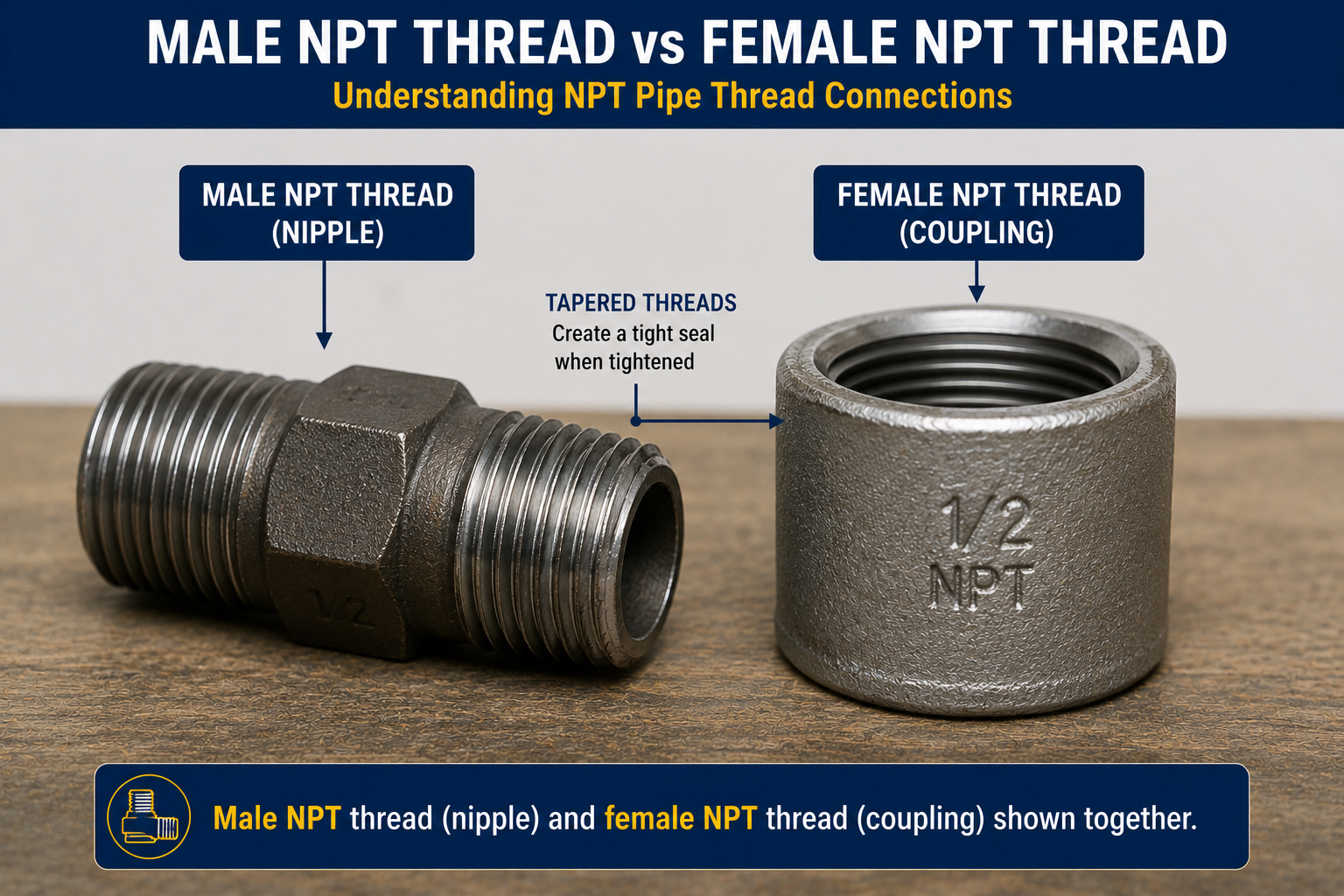 Diagram comparing male NPT pipe thread on a nipple with female NPT thread inside a coupling, showing tapered threads that create a tight seal when tightened.