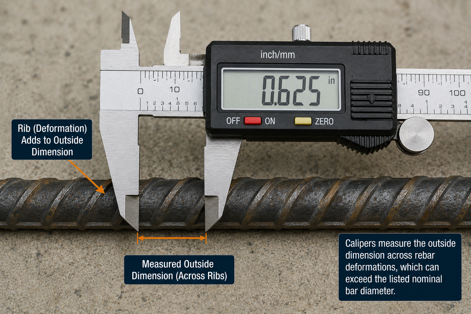 Digital calipers measuring the outside diameter of deformed rebar across its raised ribs.