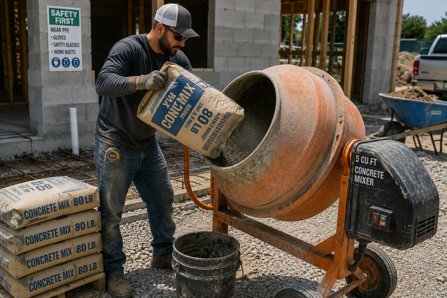 Construction worker pouring an 80 lb bag of concrete mix into a portable concrete mixer at a building site