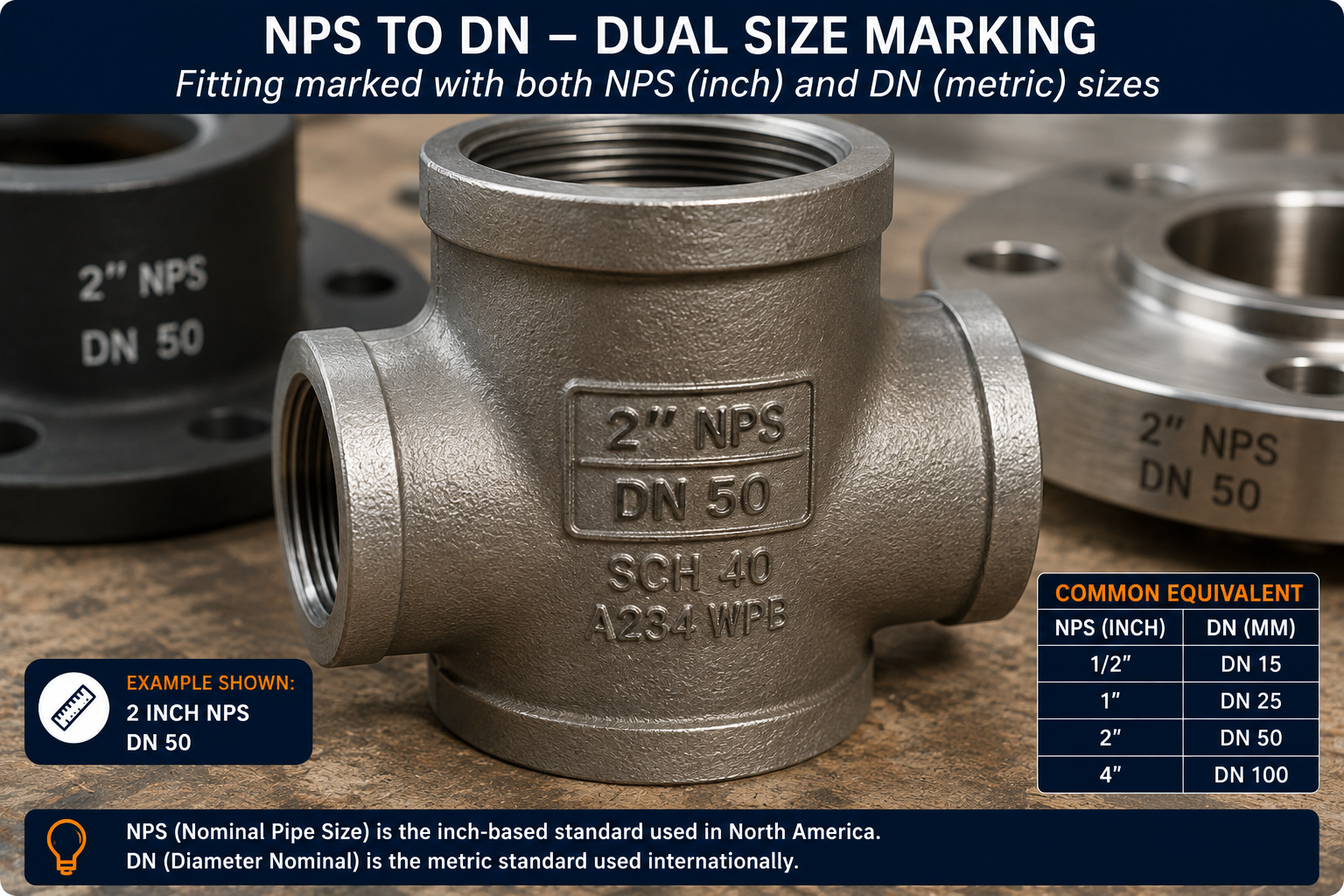 NPS to DN pipe size comparison showing a 2-inch NPS fitting marked DN 50, with common inch-to-metric pipe size equivalents.