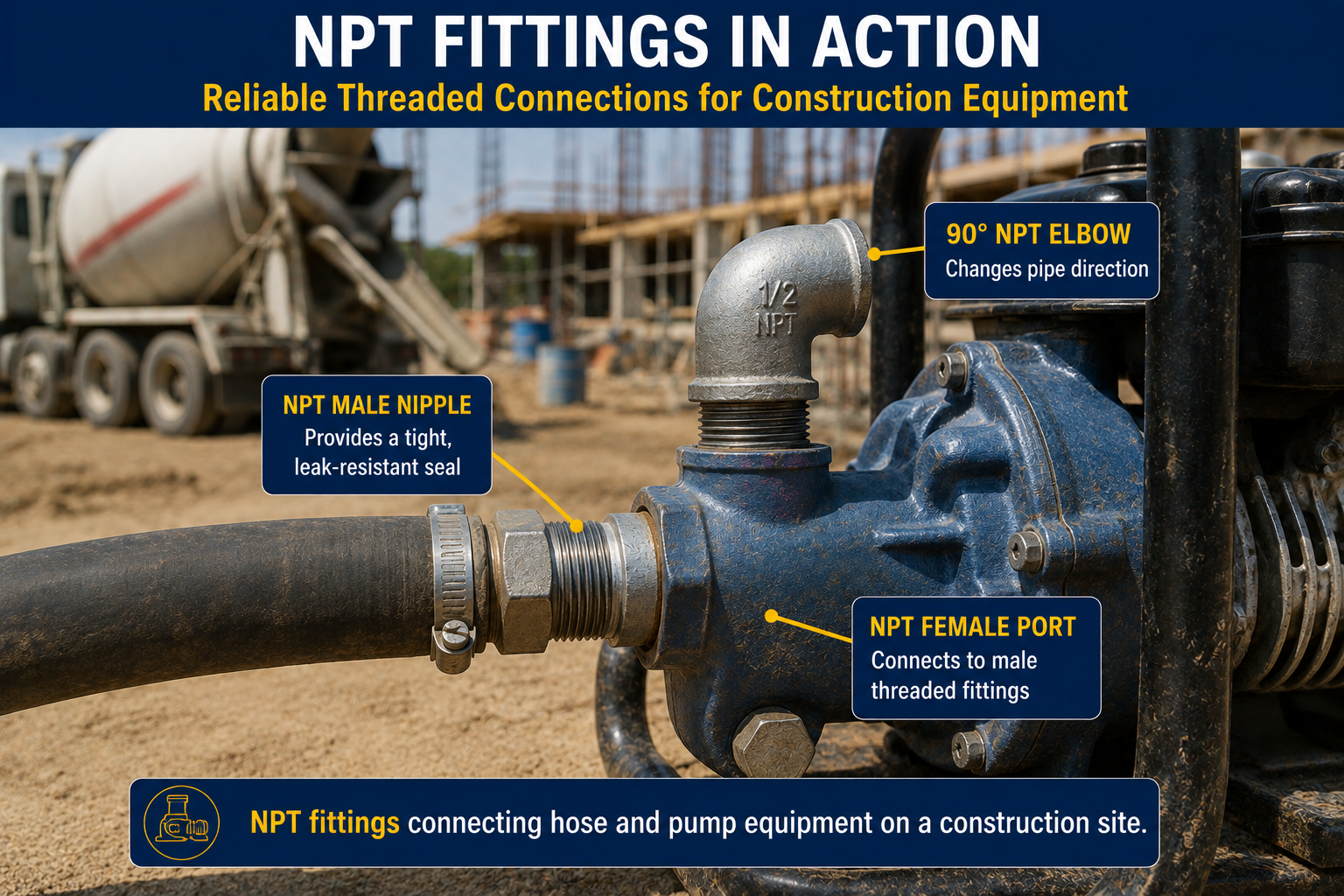 NPT fittings connecting hose and pump equipment on a construction site, showing a 90-degree NPT elbow, male NPT nipple, and female NPT port.