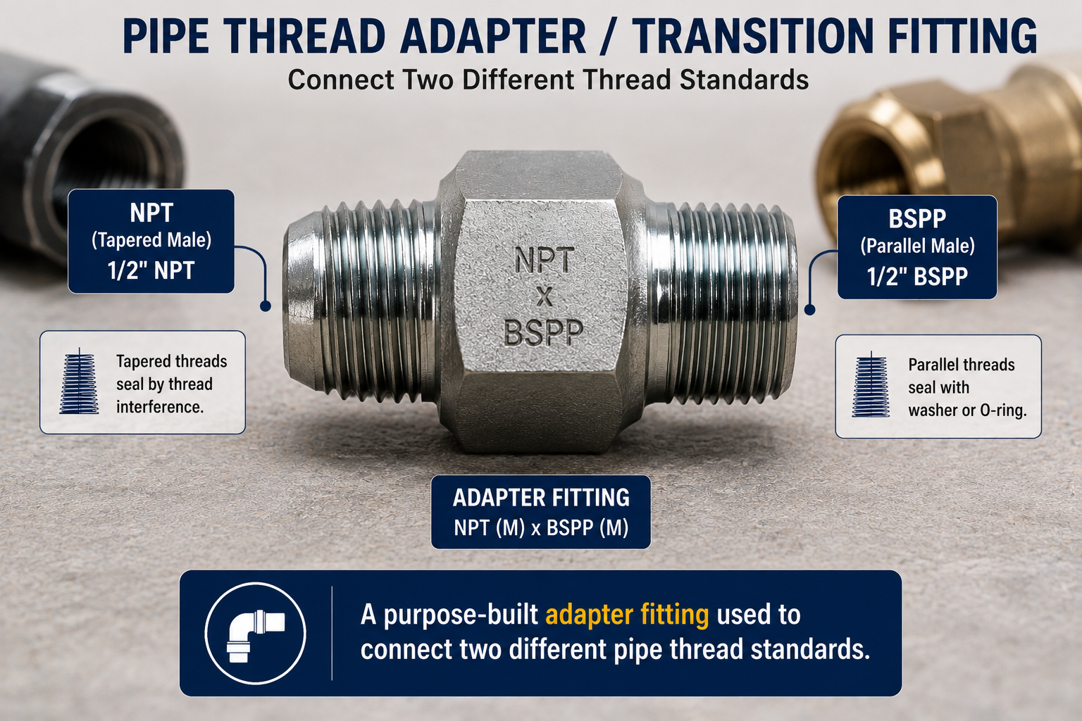 NPT to BSPP pipe thread adapter fitting connecting two different thread standards