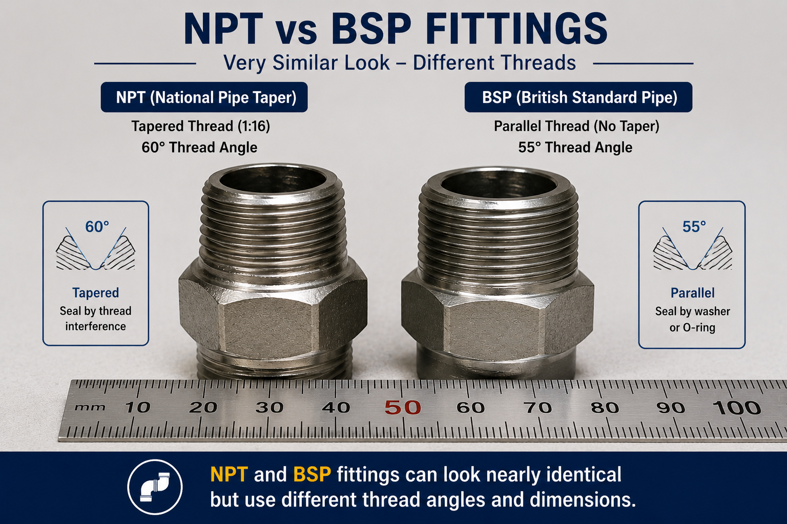 NPT vs BSP pipe fittings comparison showing tapered and parallel threads, thread angles, and sealing methods