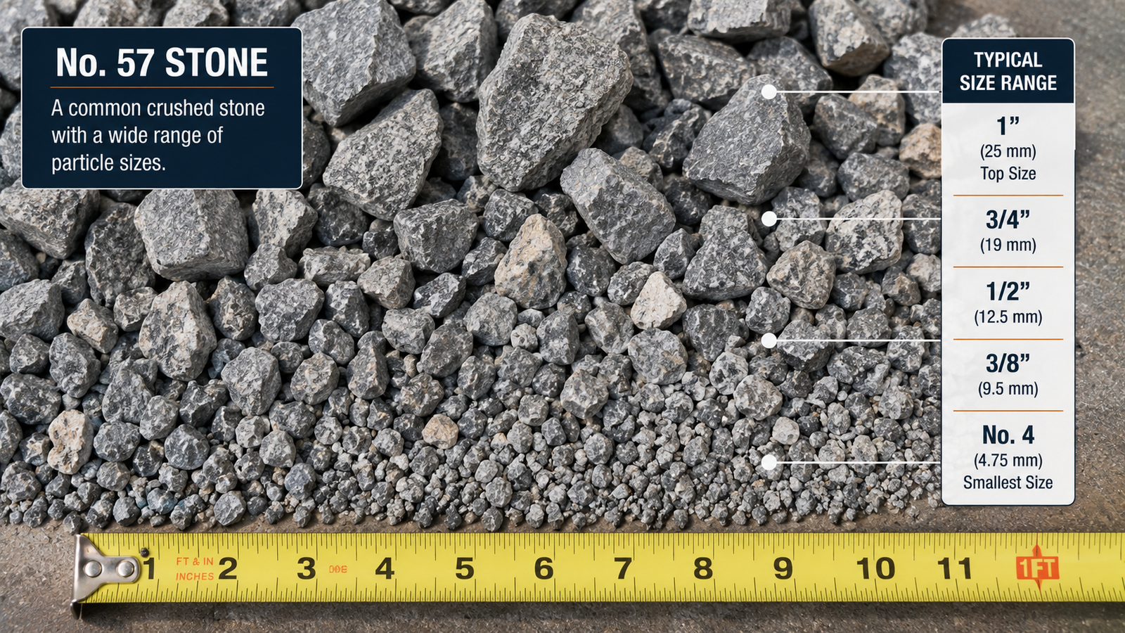 57 crushed stone showing typical aggregate particle sizes ranging from 1 inch to No. 4 sieve size.