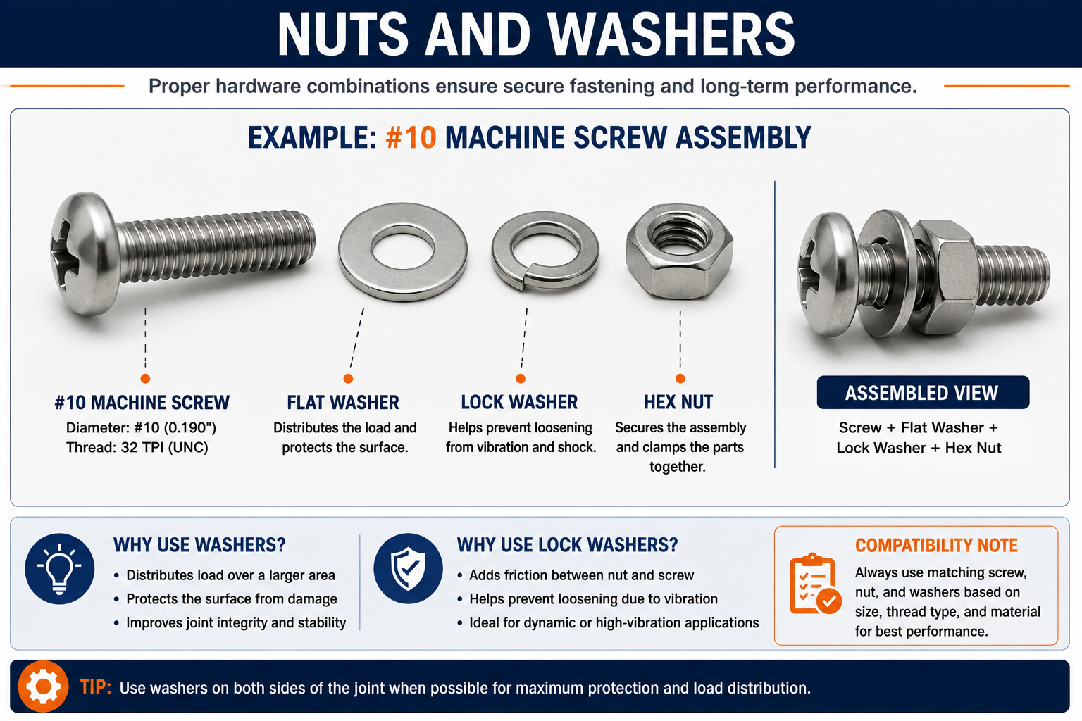 #10 machine screw assembly showing a flat washer, lock washer, and hex nut, with the assembled fastening combination and washer functions.