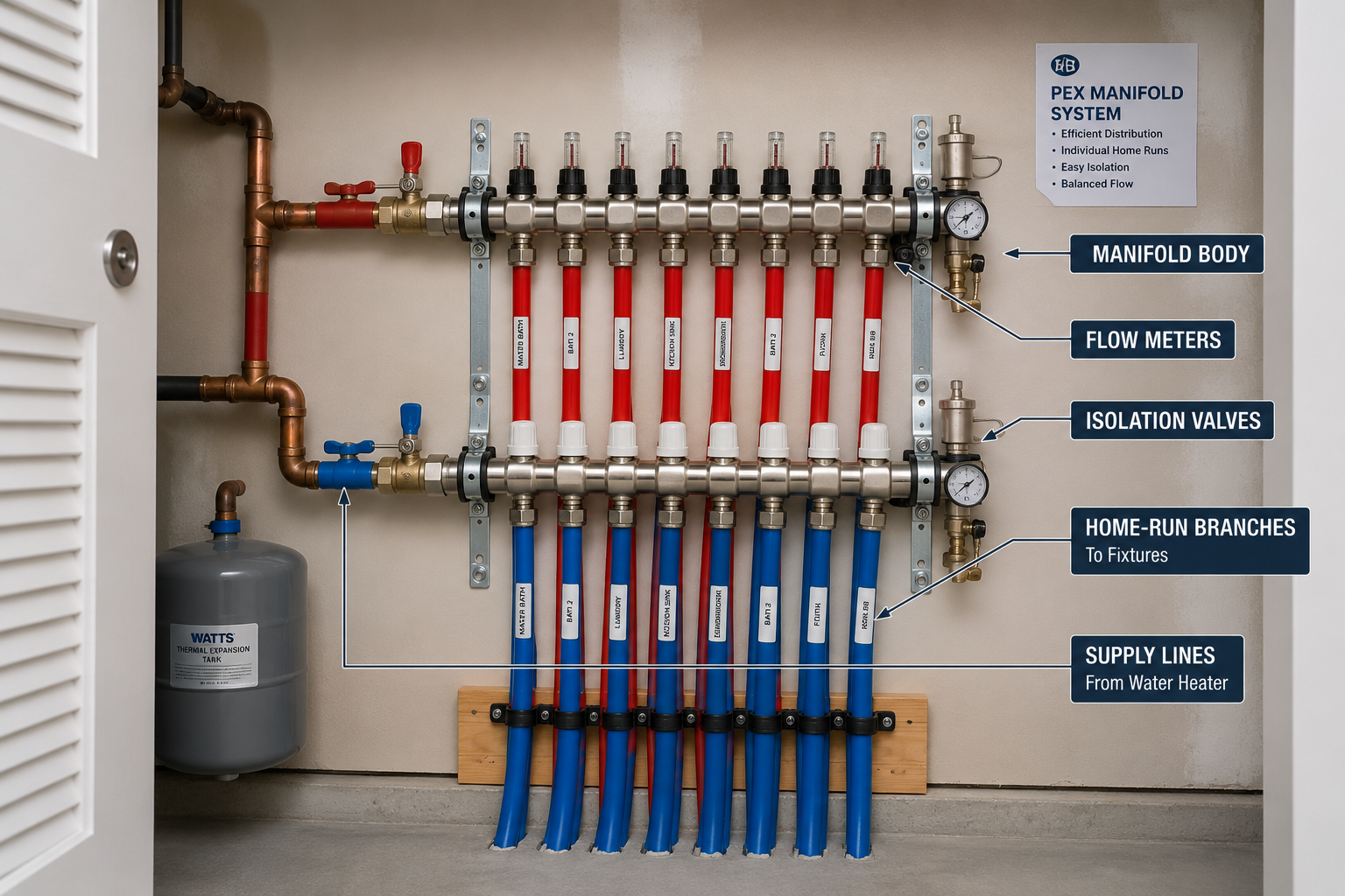 Residential PEX plumbing manifold with red and blue home-run supply lines, flow meters, and isolation valves