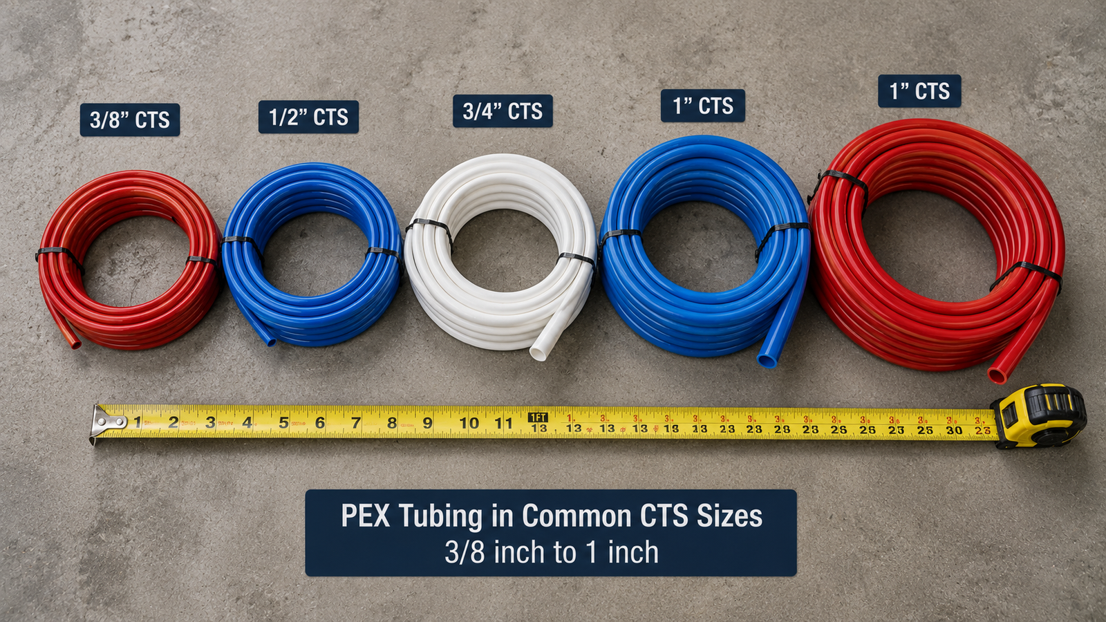 Coiled PEX tubing in common 3/8-inch to 1-inch CTS sizes arranged beside a tape measure