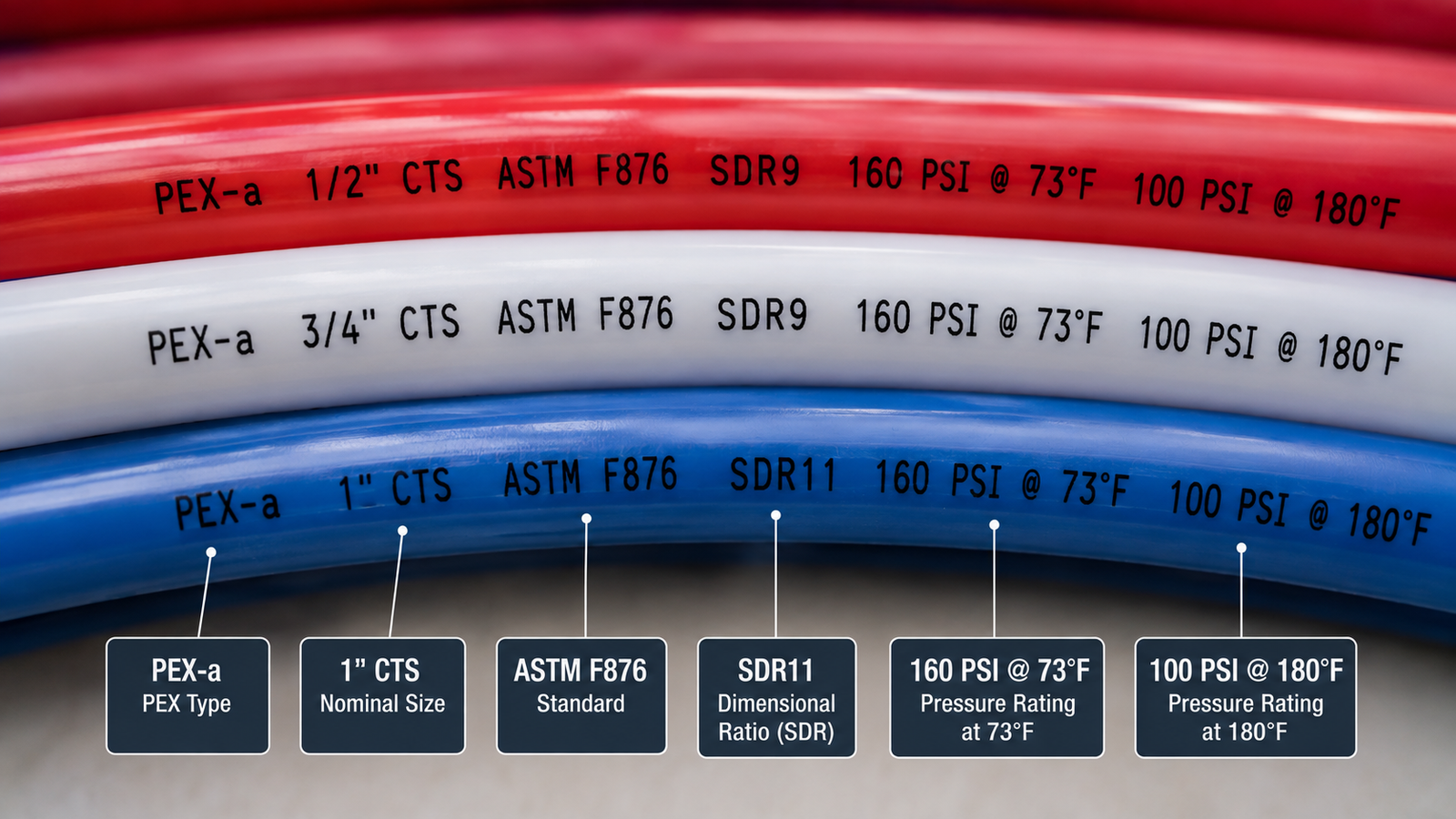 PEX-a tubing markings showing CTS size, ASTM F876 standard, SDR, and temperature pressure ratings