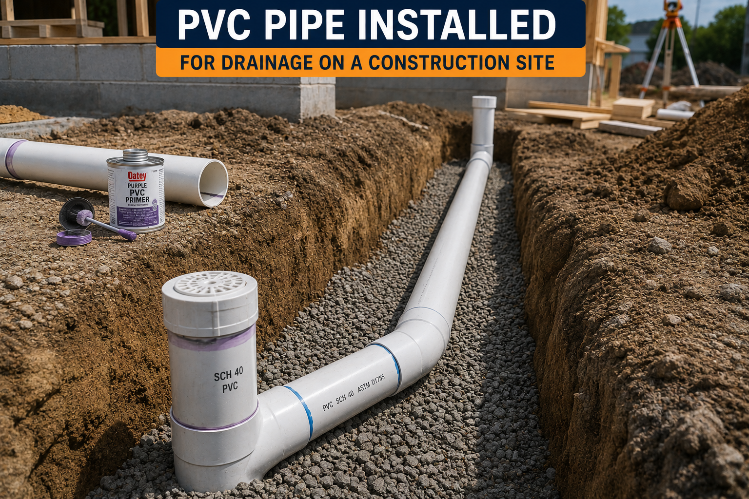 PVC Schedule 40 pipe installed in a construction site trench for drainage

Title: PVC Pipe Installation for Construction Site Drainage