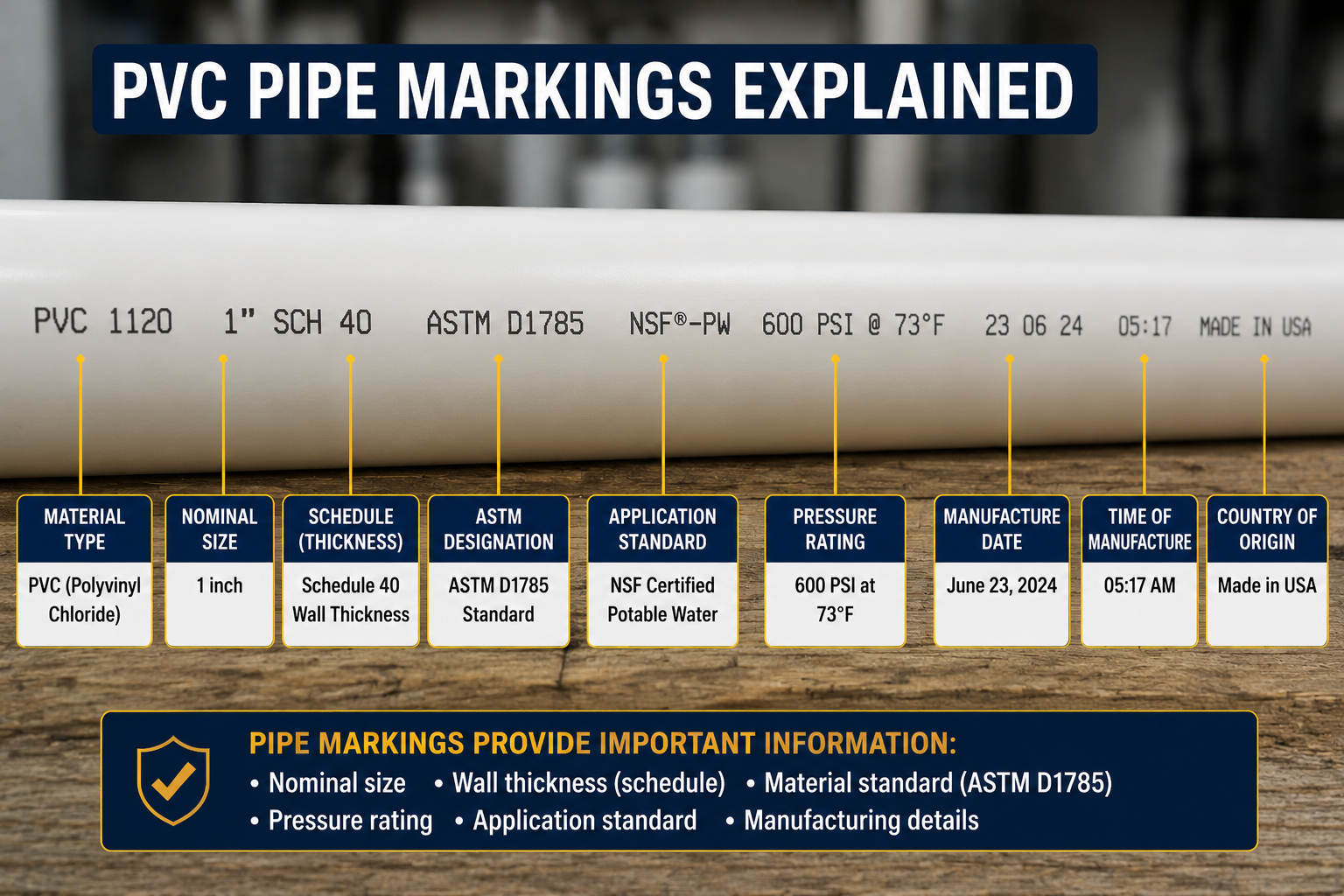 PVC pipe markings explained with material type, nominal size, Schedule 40, ASTM D1785, pressure rating, and manufacturing details