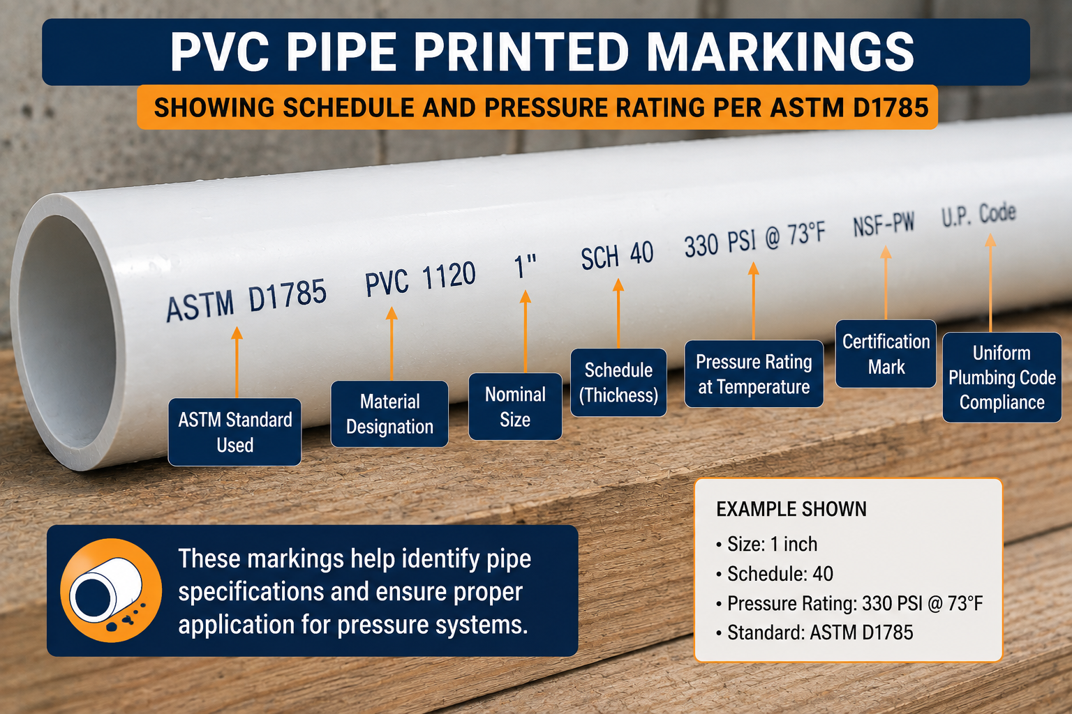 PVC pipe printed markings showing ASTM D1785, PVC 1120, nominal size, Schedule 40, and pressure rating