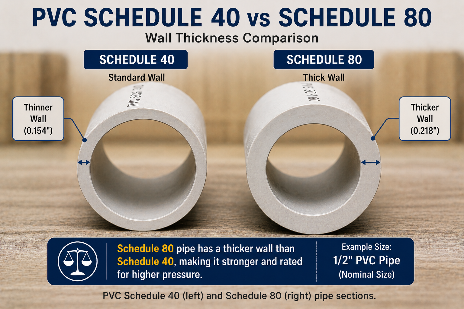 PVC Schedule 40 vs Schedule 80 pipe comparison showing wall thickness differences