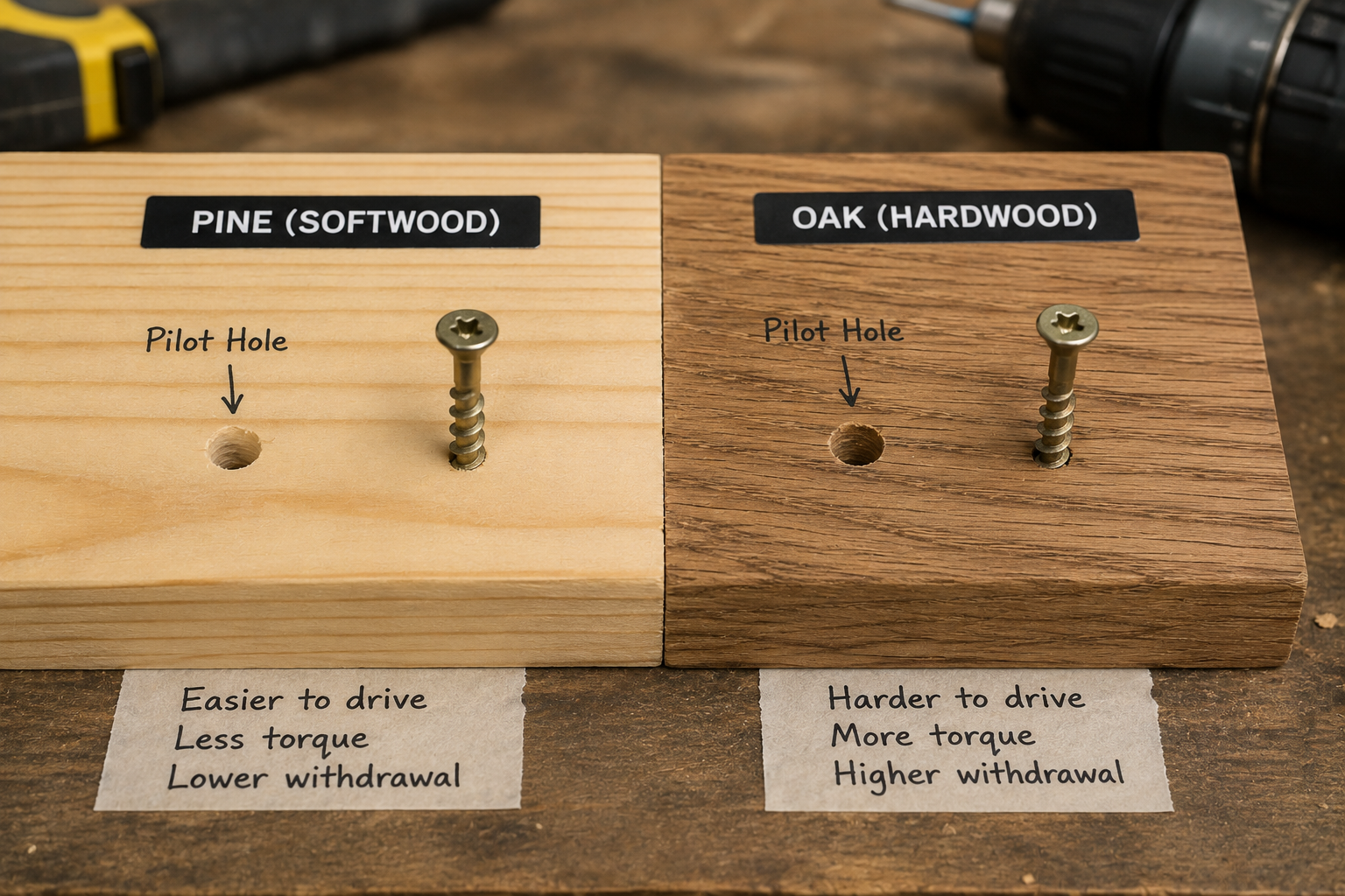 Comparison of pilot holes in pine softwood and oak hardwood for screw installation