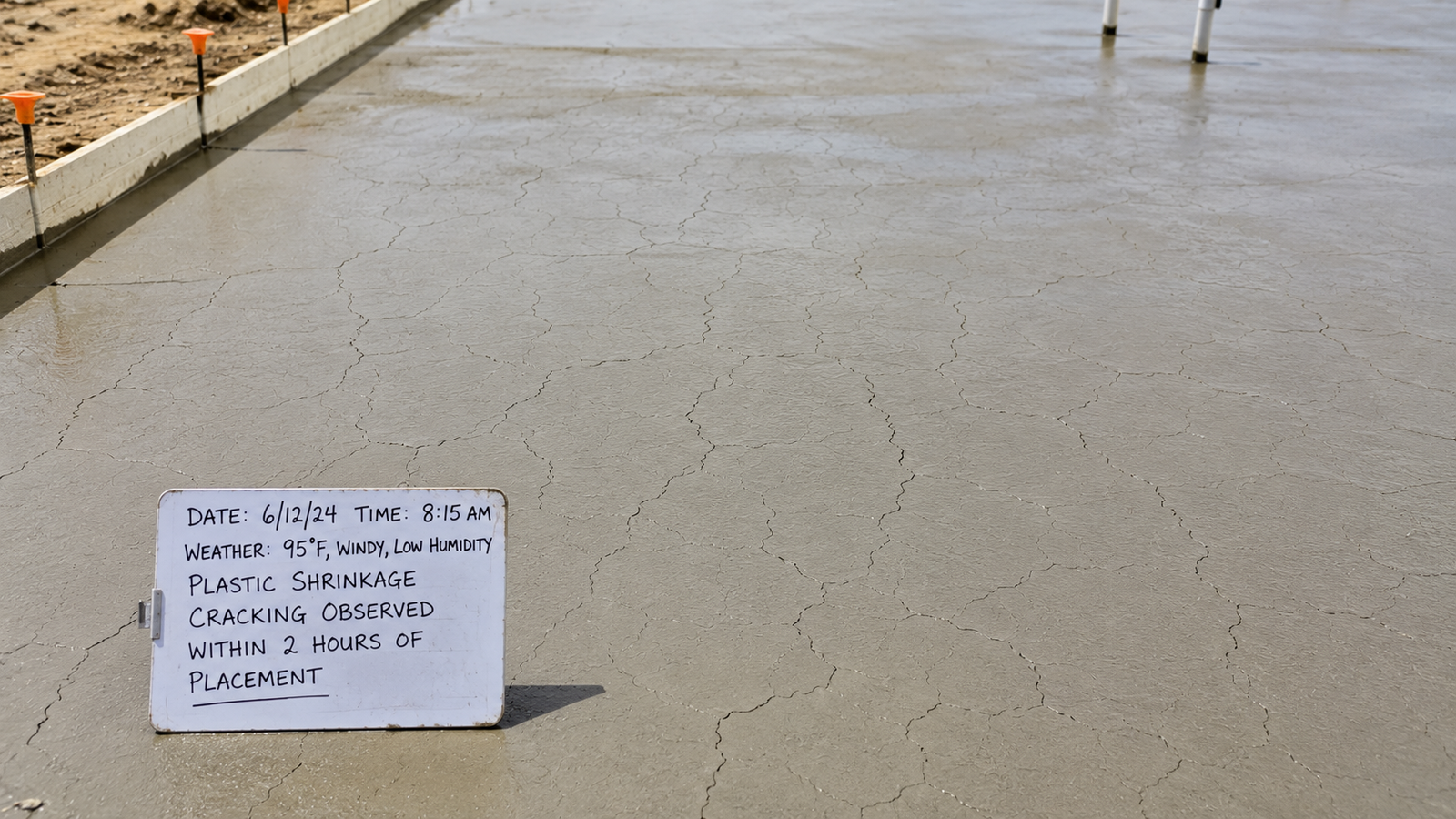Plastic shrinkage cracks across a freshly placed concrete slab