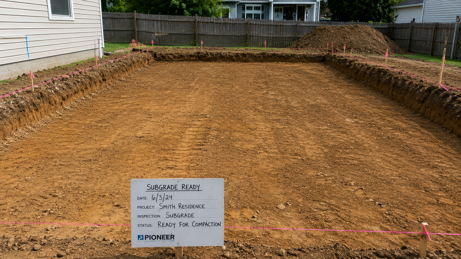 Prepared residential construction subgrade marked with layout stakes and string lines