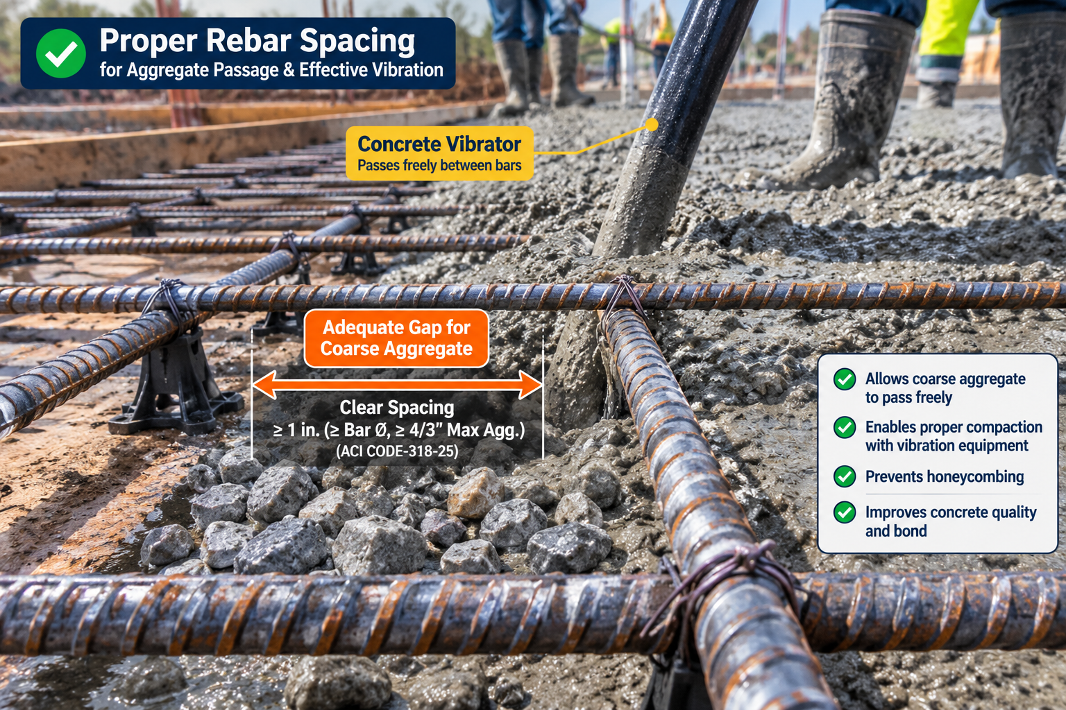 Proper rebar spacing in concrete placement allowing coarse aggregate to pass and concrete to be effectively compacted with a vibrator