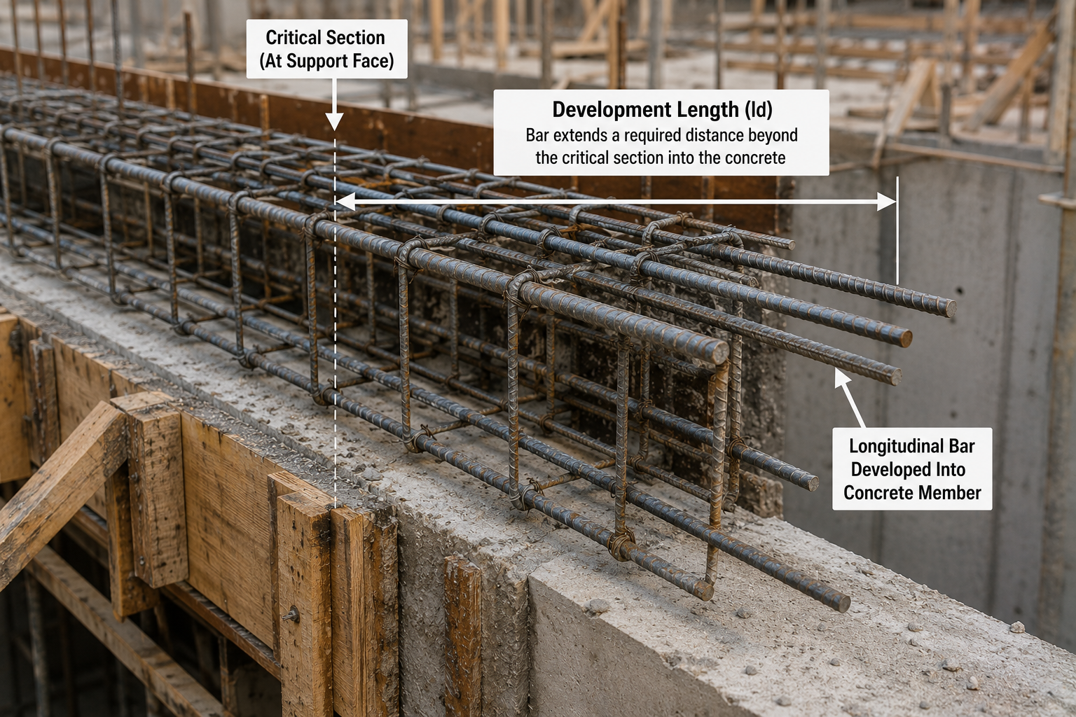 Reinforced concrete beam diagram showing longitudinal rebar development length extending beyond the critical section at the support face.