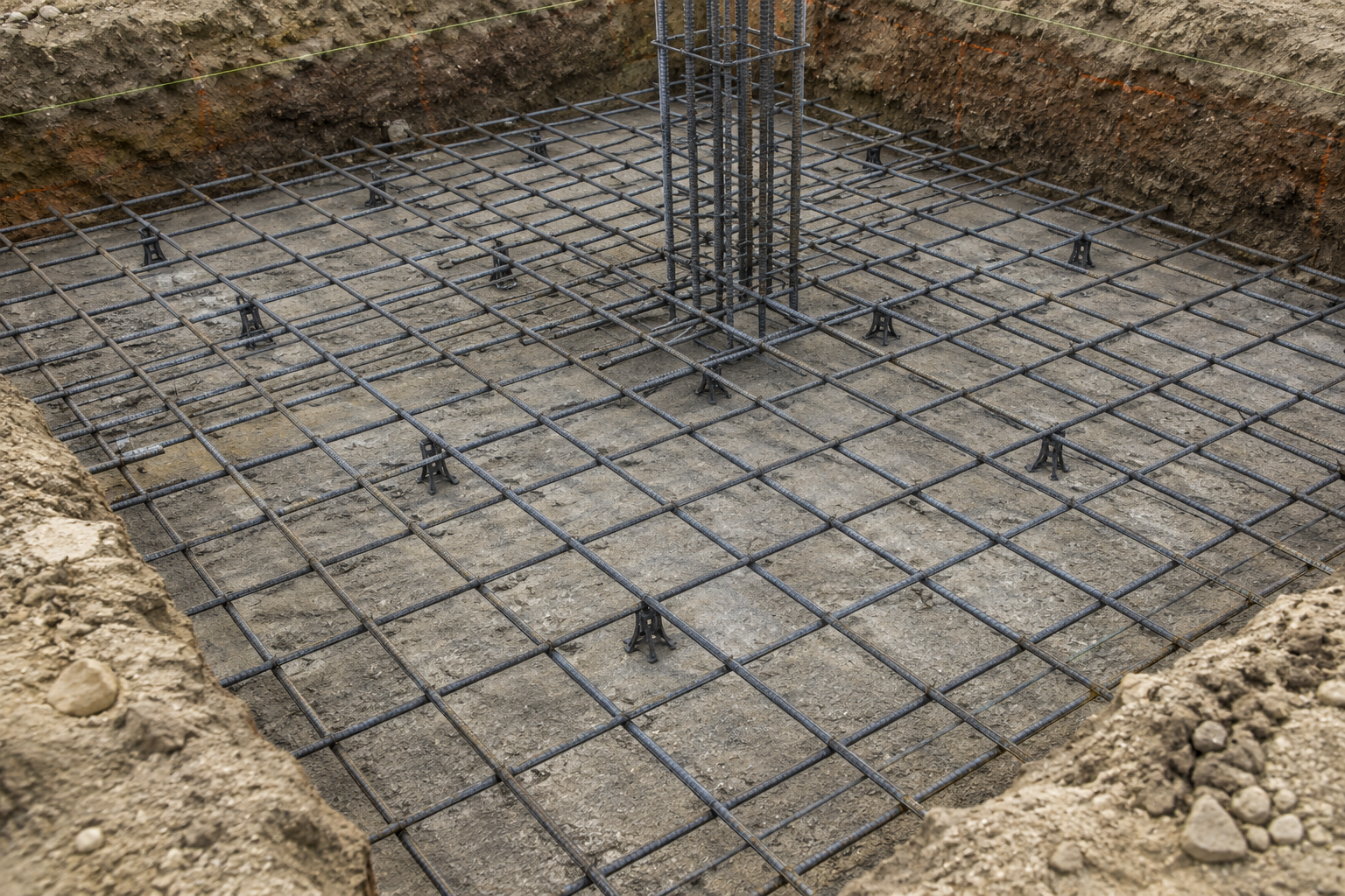 Rebar grid installed in an excavated foundation footing with vertical reinforcement for a concrete column