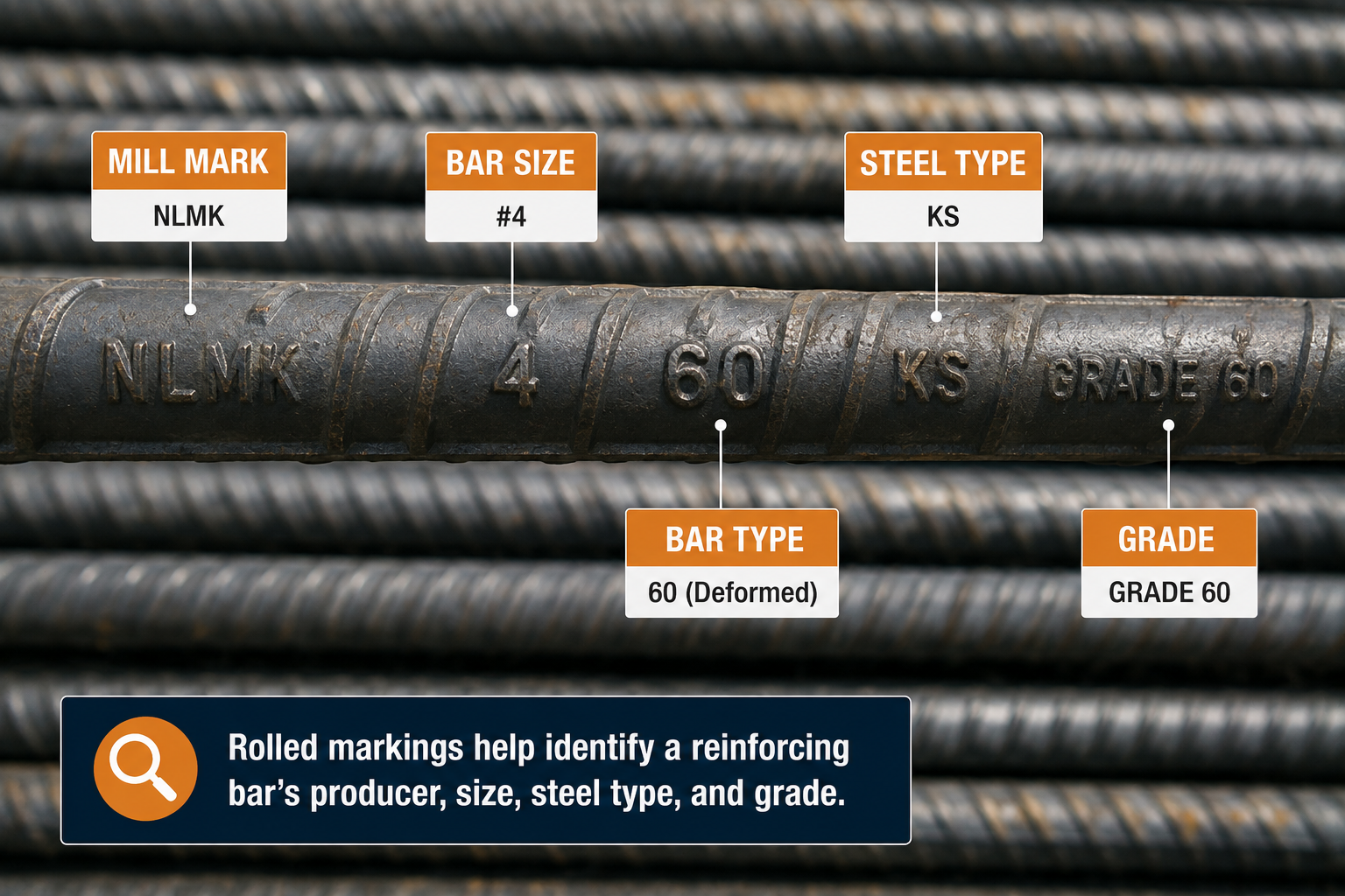 Labeled markings on #4 Grade 60 rebar showing the mill mark, bar size, steel type, and grade.