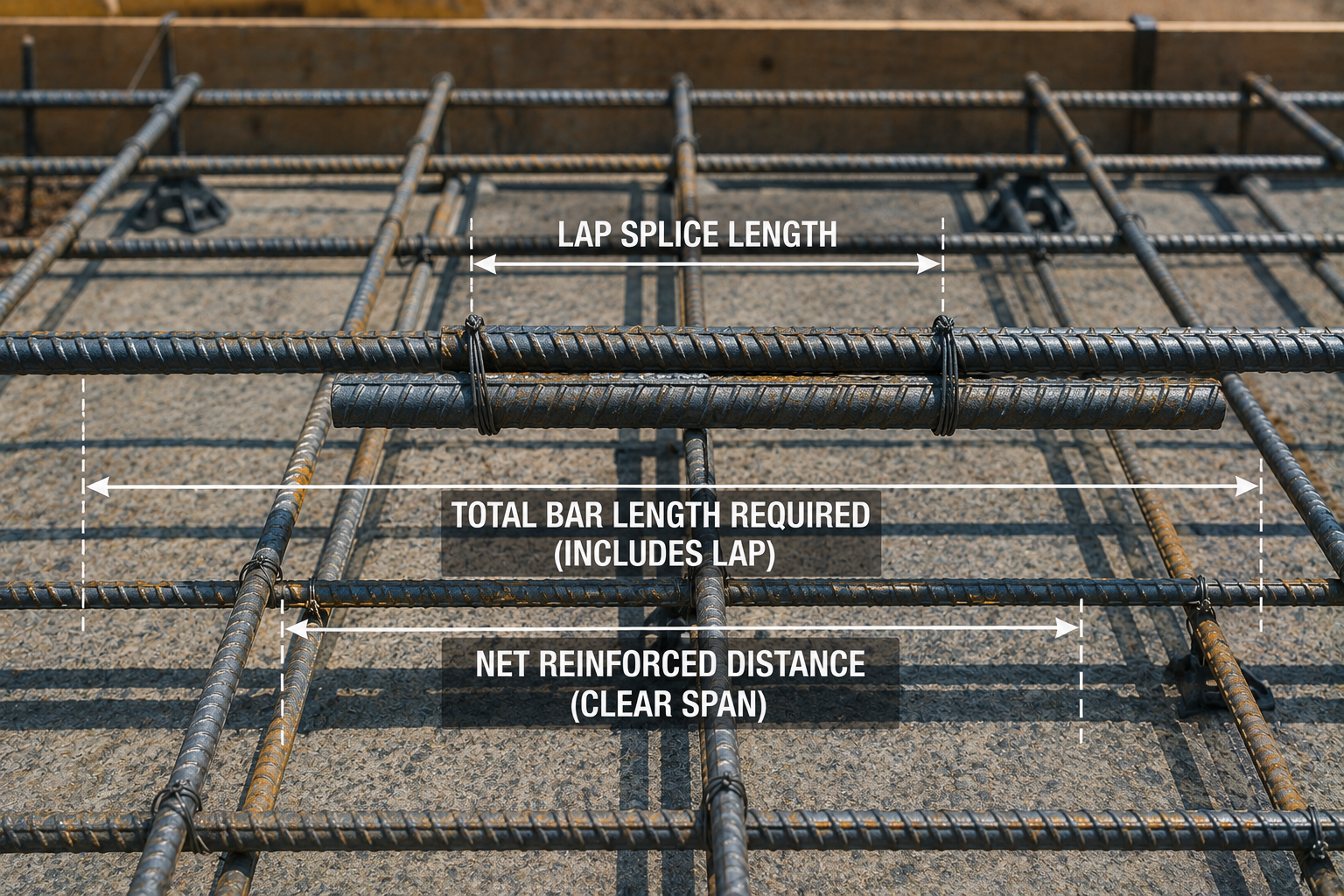 Overlapping reinforcing bars showing lap splice length, total required bar length, and net reinforced distance.