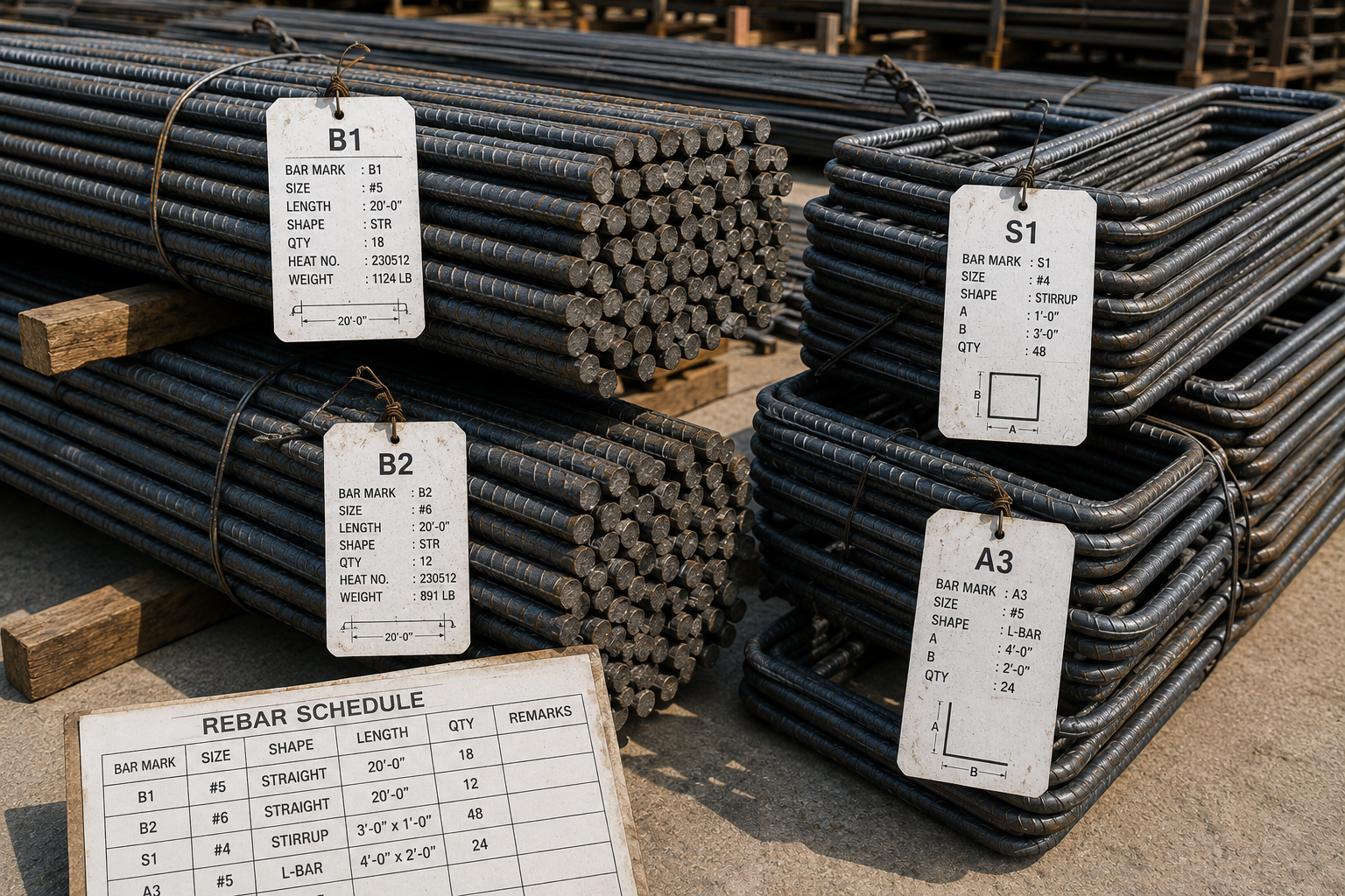 Bundles of straight and bent reinforcing steel labeled with bar marks, rebar sizes, lengths, shapes, and quantities.