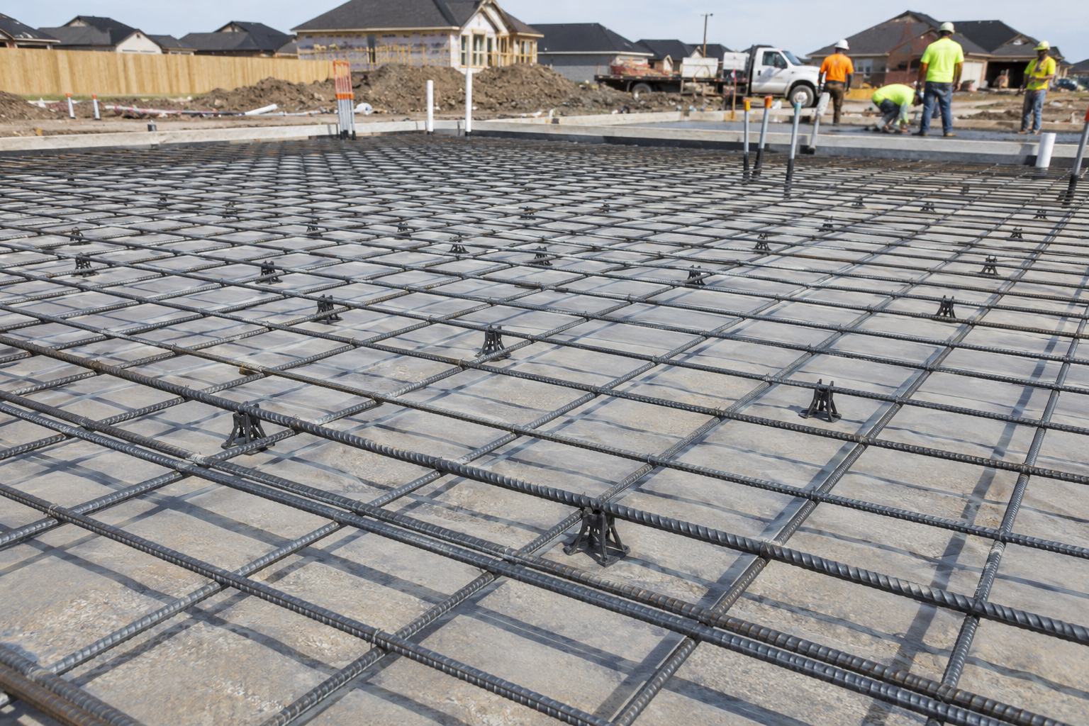 Reinforced steel rebar grid installed for a concrete slab foundation at a residential construction site