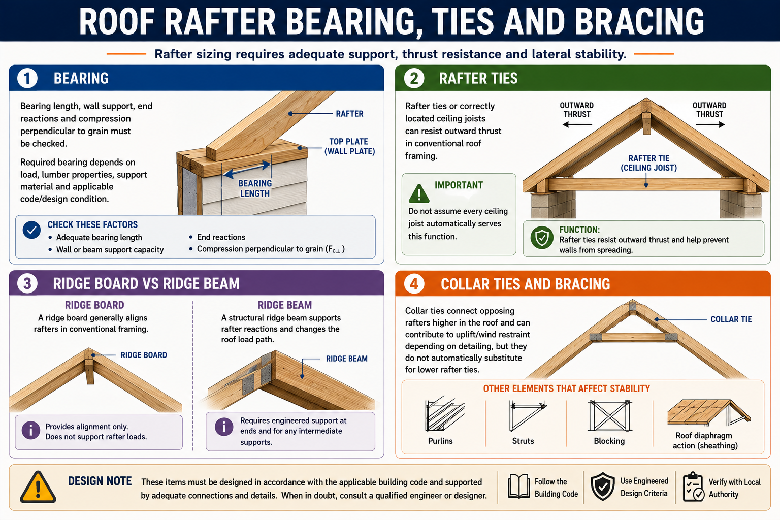 Roof rafter bearing, ties, and bracing diagram showing bearing length, rafter ties, ridge board versus ridge beam, collar ties, purlins, struts, blocking, and roof diaphragm action.