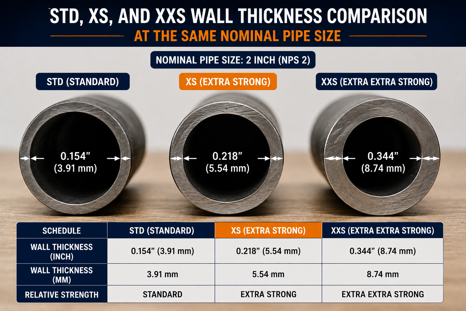 Comparison of STD, XS, and XXS wall thicknesses for a 2-inch nominal pipe, showing 0.154-inch, 0.218-inch, and 0.344-inch wall thicknesses.