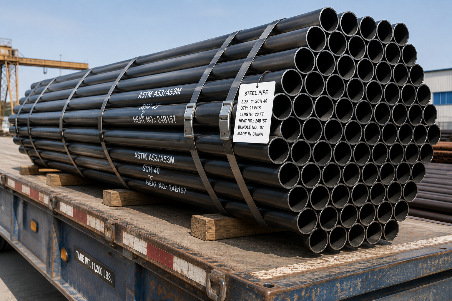 Bundle of Schedule 40 steel pipes marked ASTM A53/A53M, loaded on a flatbed trailer for construction and industrial use.