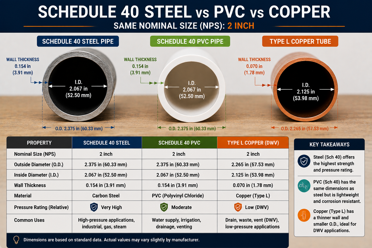 Comparison of 2-inch nominal Schedule 40 steel, Schedule 40 PVC, and Type L copper pipes showing outside diameter, inside diameter, wall thickness, pressure rating, and common uses.