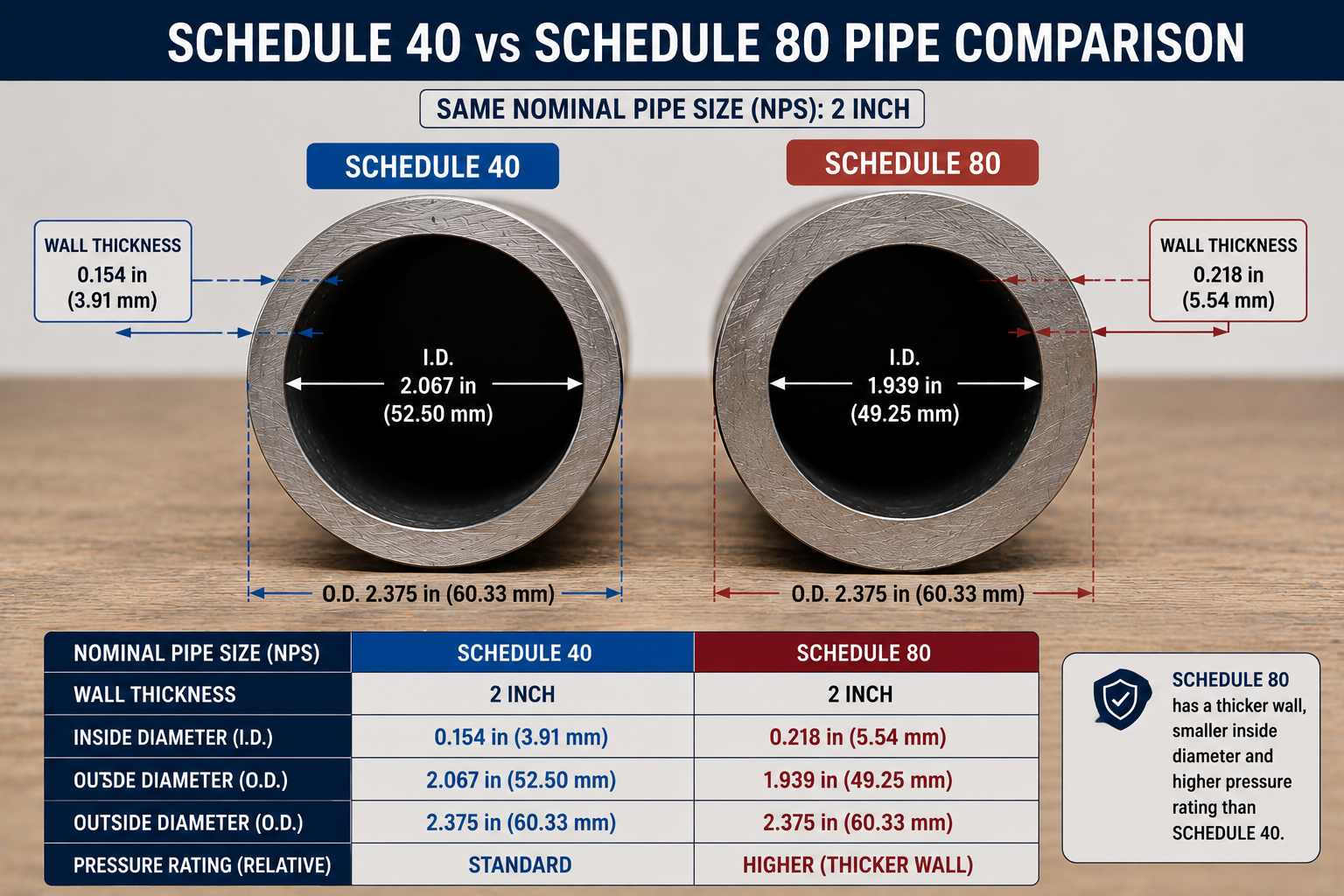 Schedule 40 and Schedule 80 2-inch nominal steel pipe comparison showing wall thickness, inside diameter, outside diameter, and relative pressure rating.