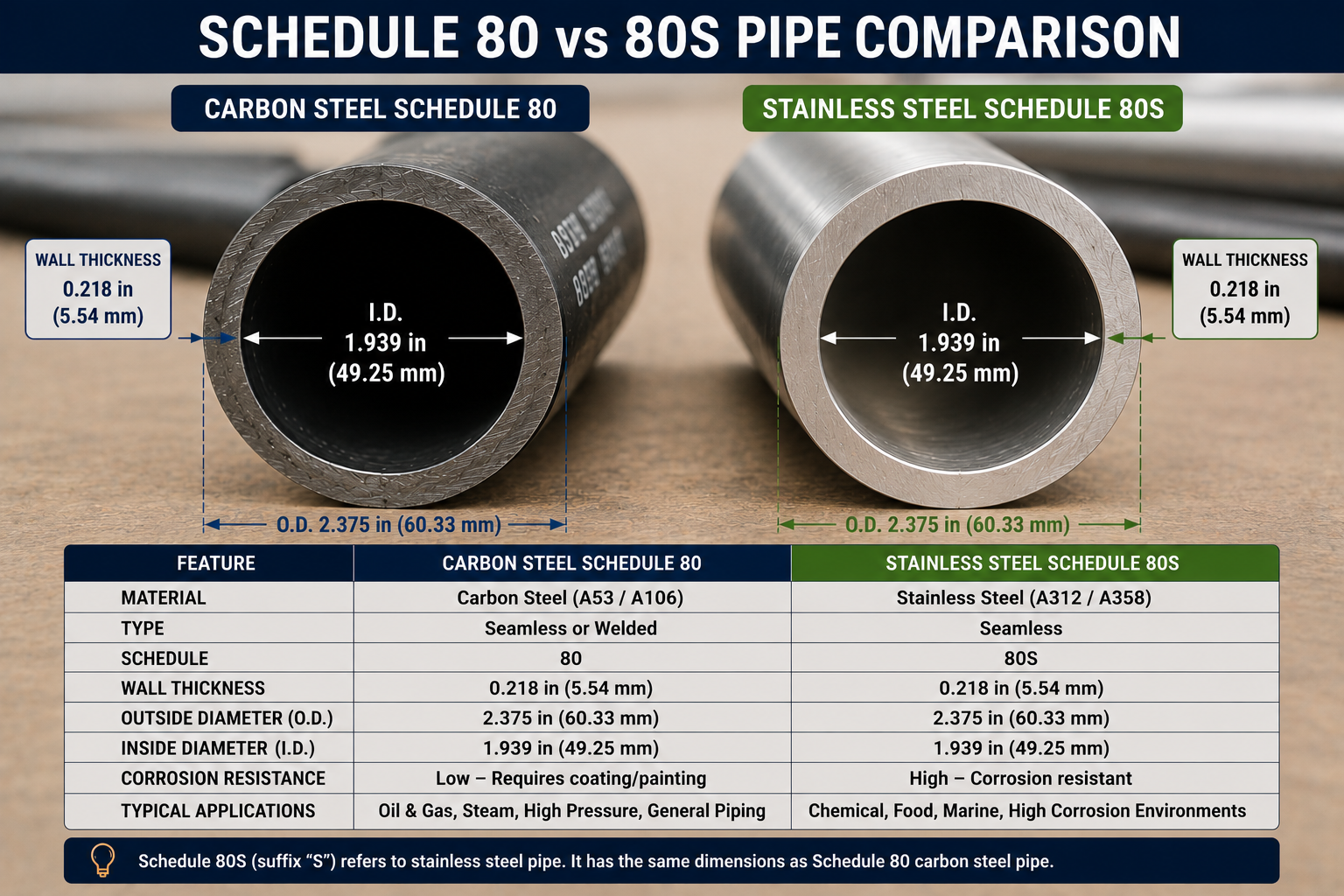 Comparison of carbon steel Schedule 80 and stainless steel Schedule 80S pipe showing wall thickness, inside and outside diameters, corrosion resistance, and typical applications.