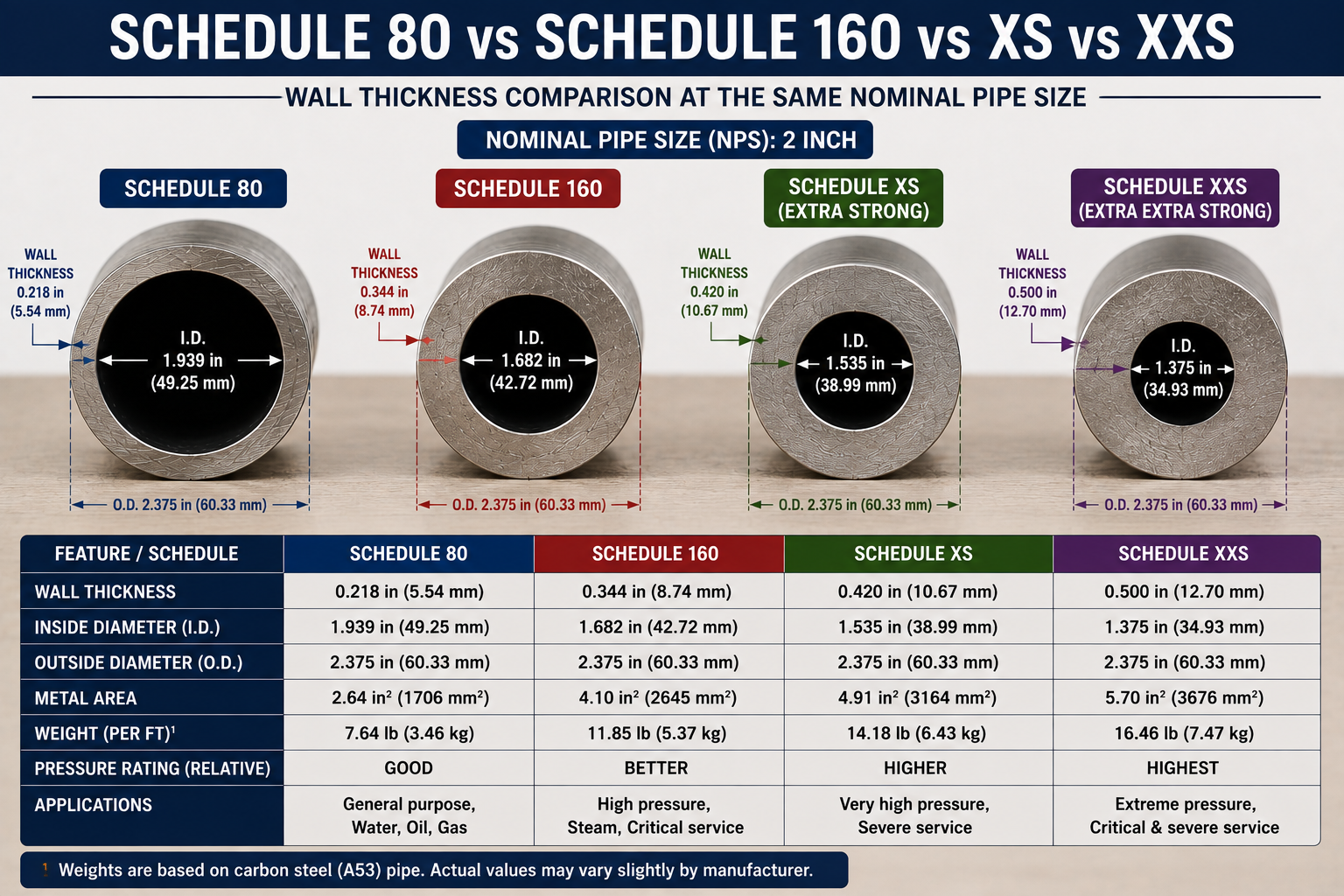 Comparison of 2-inch nominal pipe Schedule 80, Schedule 160, XS, and XXS showing wall thickness, inside diameter, outside diameter, weight, pressure rating, and applications.